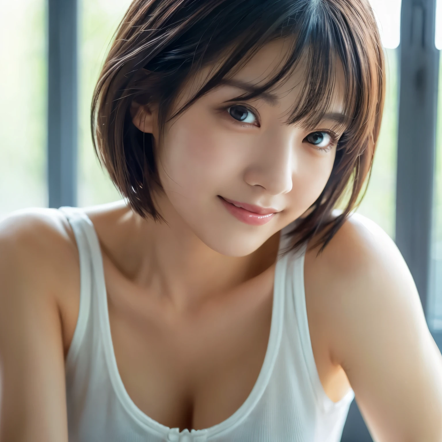 highest quality, ultra high resolution, (realistic: 1.4), beautiful Eyes, Super beautiful, very short hair, beautiful, T-shirt with rough chest, beautiful Soldier, Eyes that invite the viewer, inviting look, sexy smile, perfect style, perfect balance, fine skin, naughty look, I can see your chest