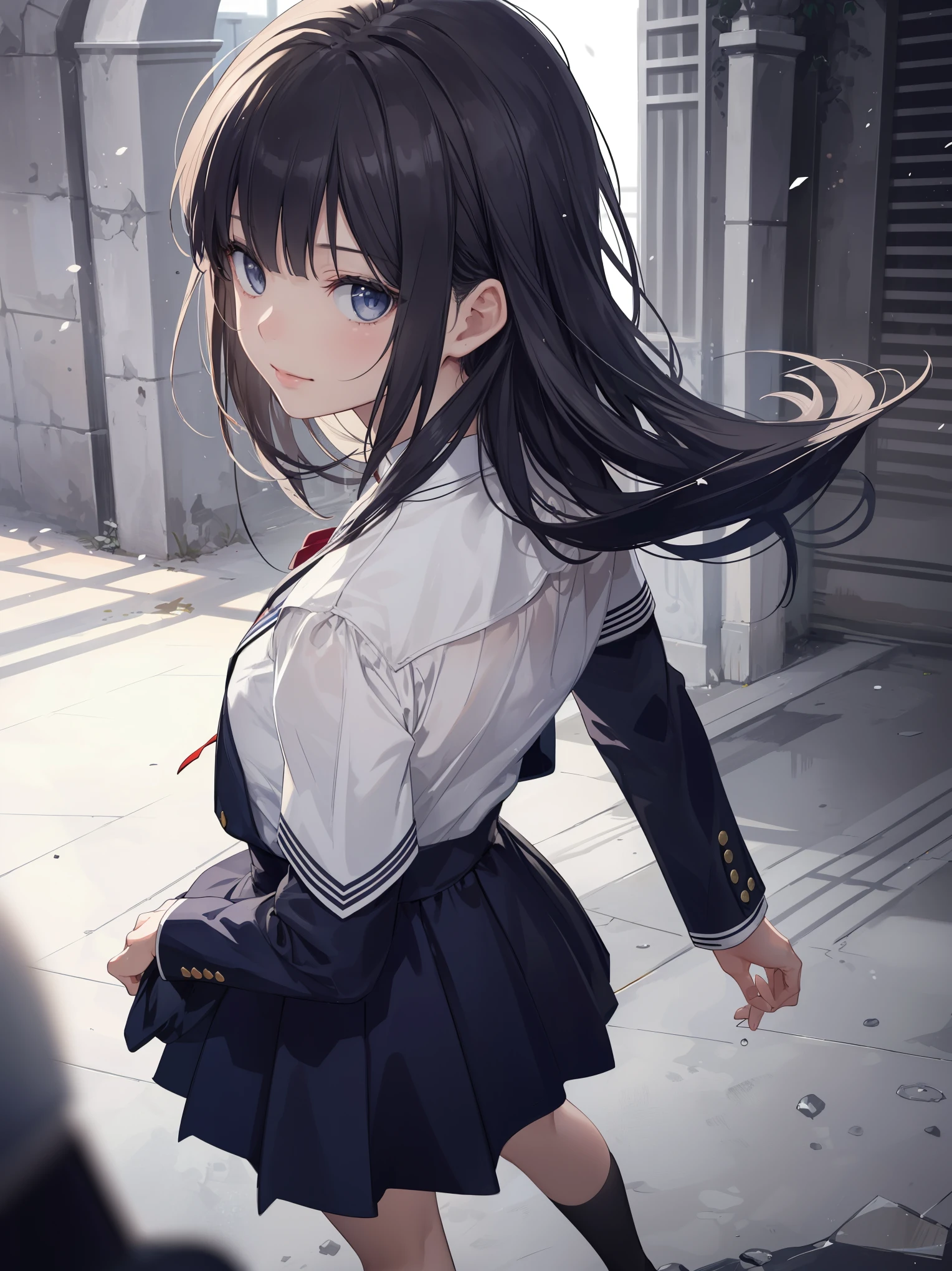 (Masterpiece by the Almighty Creator God: 1.4), (Absolute resolution: 1.4), (Ultra high quality: 1.4), Incredibly ultra-detailed and detailed, (Dynamic shot), (A scene from a film by a master photographer), Best composition and background to highlight the main girl, Ultra-detailed, delicate and ultra-realistic work, ( Complex, detailed and realistic materials, textures and light sources: 1.3), (perfect anatomy: 1.2), Best Illustration Grand Prize winner,

BREAK.

Girl, solo, the greatest super-genius actress of all time, rare super-genius acting actress and model who understands the required acting and poses and gives an even more amazing pose and powerful performance, reincarnation of the goddess Aphrodite, exquisite beauty, slender legs, full body from head to toe, from above, looking at the viewer: 1.3) , fashionable,

BREAK.

Broken shirts, long sleeves, dresses, primary school uniforms, branded student uniforms,

BREAK.

(Point light source: 1.2), grainy illusory light source, blurred background, (depth of field: 1.5), tilting head, from behind, looking at viewer, looking back, flexible body, looking up, (depth of field: 1.4), looking at viewer, (cute smile),

BREAK.

Dazed background, popular background, cute,