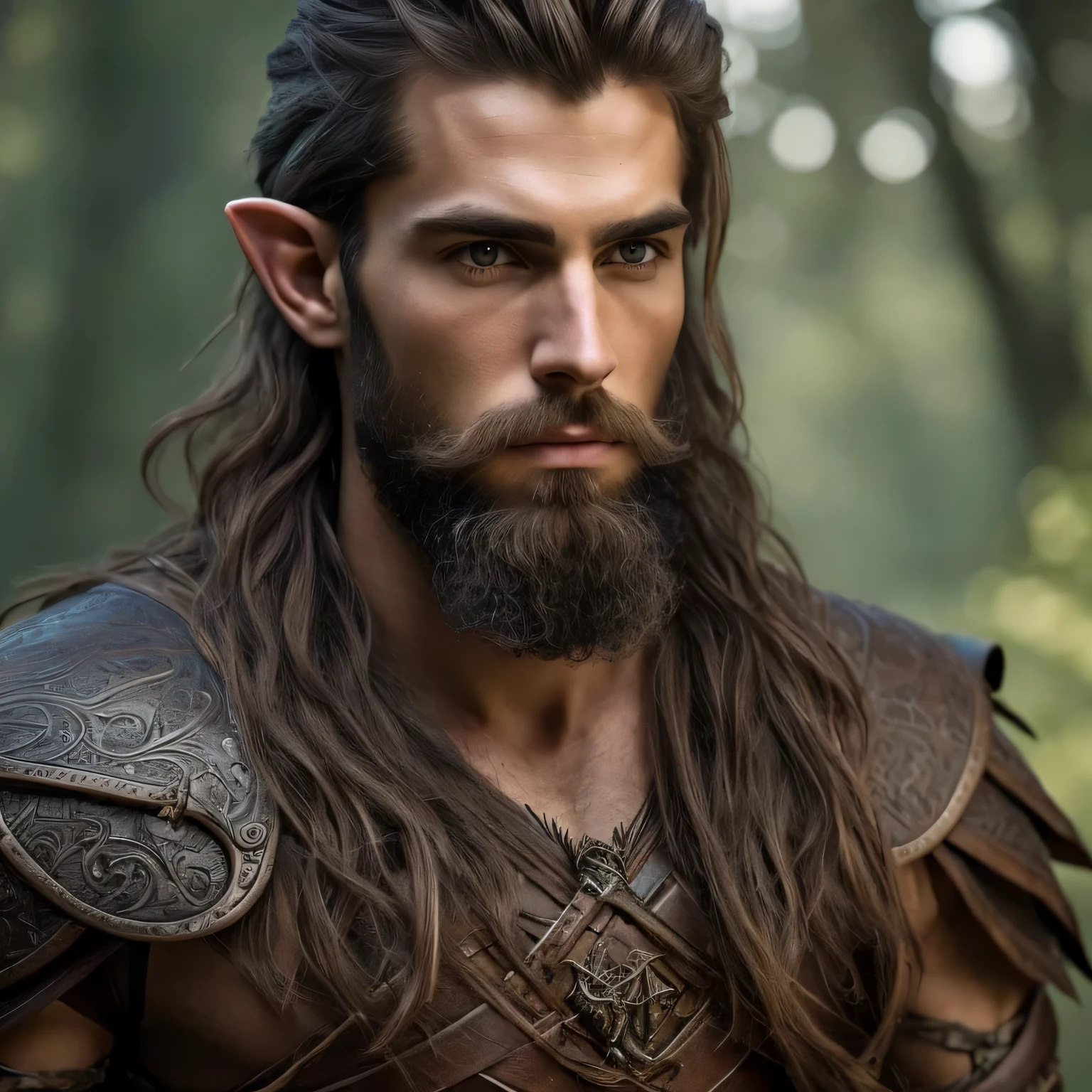 Create a 4K, high-quality, hyper-realistic wide portrait of a beautiful dark brown haired male half-elf in his early 20s with a strong, lean muscular build and striking orange eyes . He has a short, thick, and highly detailed stubble tapering to a very short messy beard, adorned with tiny intricate Viking beads, exemplifying the epic beard typical of an elven male. His slightly pointed ears and stern, masculine expression convey wisdom, curiosity, and the drive characteristic of a fantasy D&D half-elf druid. The attire is earth-toned medieval leather, worn to resemble dark tree bark with a hint of green, including a leather vest and a detailed, embossed chest strap. The background is a softly blurred forest, highlighting a cinematic and realistic portrayal of the character's deep connection with nature, consistent with an RPG portrait created in Unreal Engine 5.