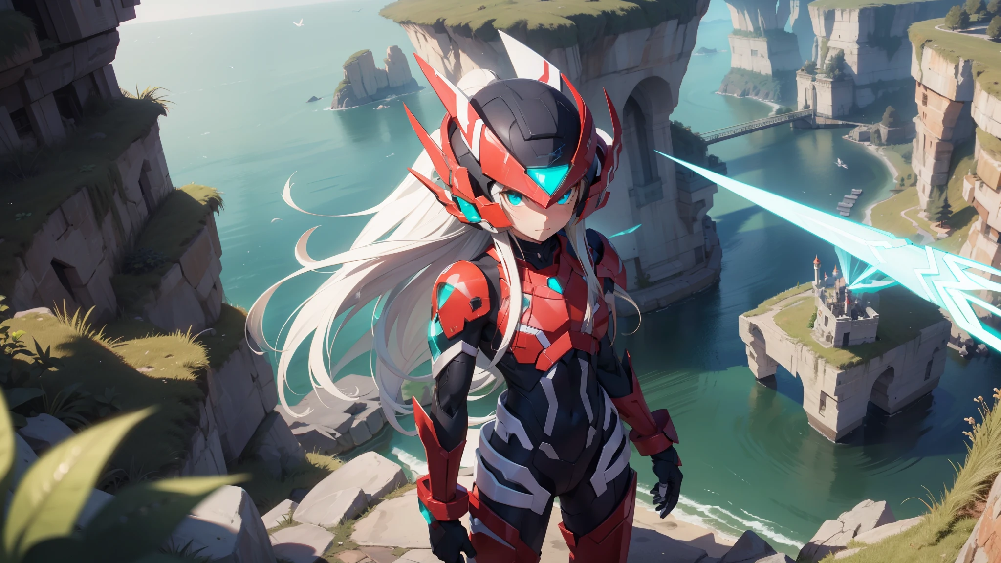 megzeromyth2023,1boy, long white hair, red armor, green energy sword, 8k, uhd, best quality, masterpiece, intricate, overlooking the ocean on the edge of a rock, in the style of avian-themed, realistic yet stylized, villagecore, azure, orange and azure, dragoncore, aerial view