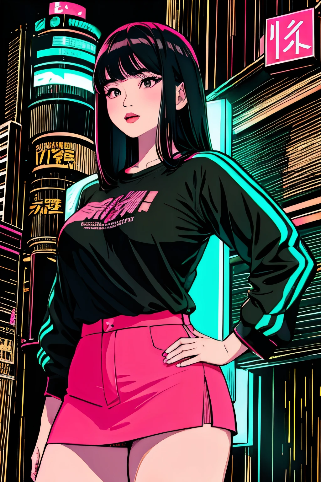 A beautiful Asian girl, aged 25, subtly plump, stands boldly against a 3D design wall with a black backdrop. The wall's 4D background blends seamlessly into the black surface. The name "Alma" in elegant pink and green neon letters graces the wall, with neon drops of the same hue adorning the text for an added pop of color. The realistic depiction of the scene is further accentuated by the cool and full neon illumination.

(Realistic:1.0)
(Beautiful Asian girl, 25 years old, slightly fat,)
(Wearing Javanese batik skirt,