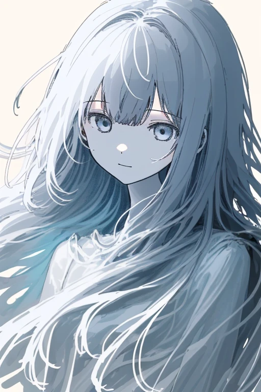 1girl/ 😄/ upper body/ close-up Face/ long hair/ Each hair is fine and delicate/ very rough sketch/ Thin line/ Roughly and roughly drawn illustrations/ masterpiece/ best quality/ highres/ White background/