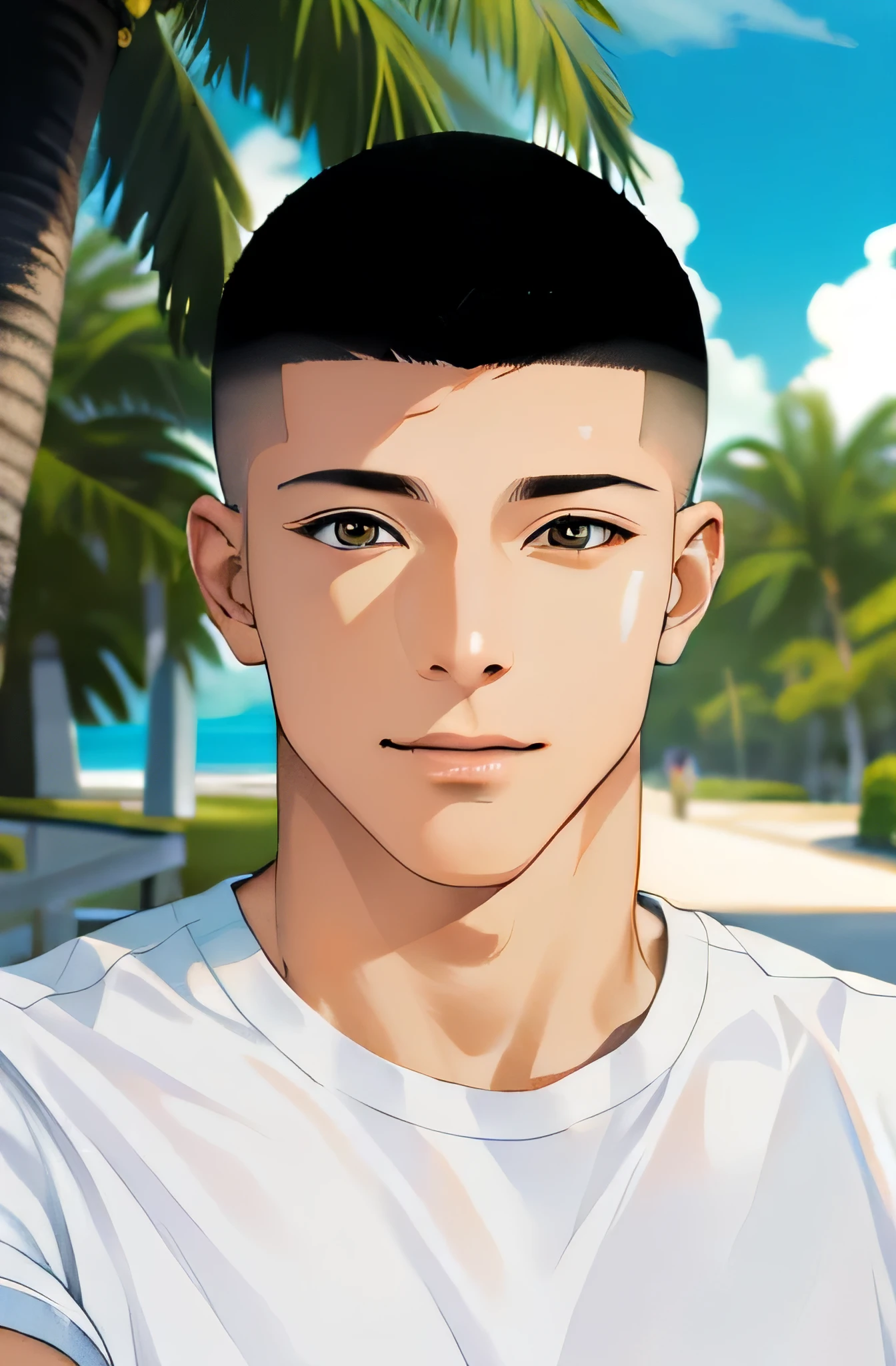 (High resolution, Super detailed)、Park near the ocean in Miami, deer、skin head、A gentle smile full of compassion、good looking、good lookingな男、Japanese、Adult、white t-shirt、beautiful brown eyes、Beautiful depiction of light and shadow