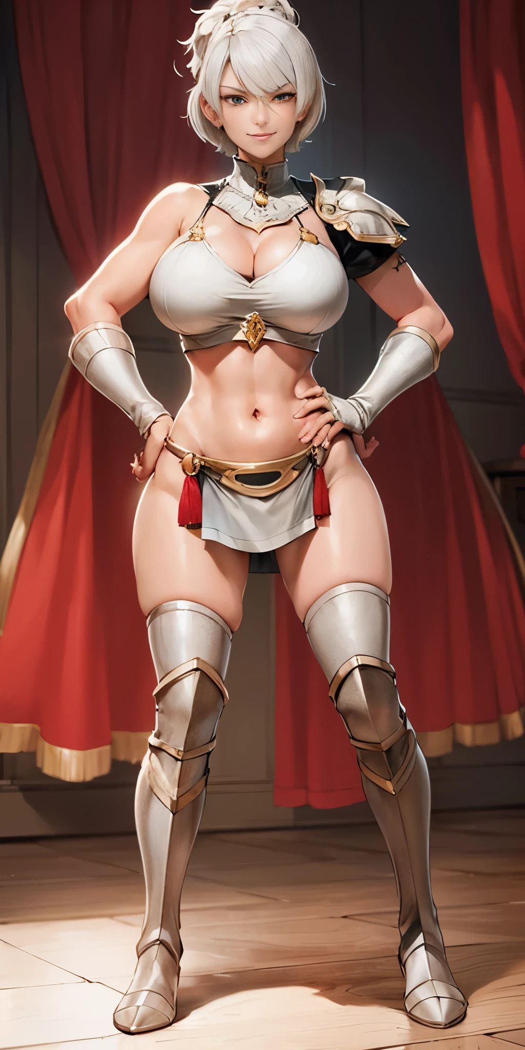 woman full body toe to head, short bob hair, white hair, feet together, high boots, big breast big knockers, hands on hips, red tattoo on belly navel, lustful smirking smile face, bedroom background, royal bedroom
