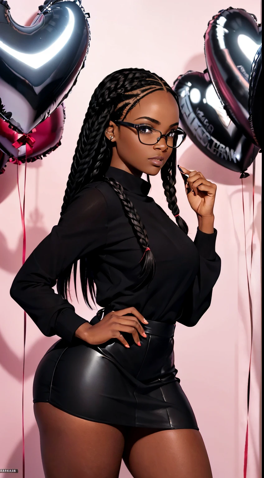 ((ultra high definition)), ((ultra high resolution)), ((ultra sharpness)), ((cinematic)), ((8K)), ((Unreal Engine 5)), ((Ultra Black girl)), ((extremely beautiful)), ((glasses), ((totally realistic)), ((realistic ebony)), ((total fidelity)), ((ultra curvy)), ((front view)), ((big ass and thick thighs)), ((tall)),((ultra detailed face)), ((beautiful forehead)), ((ultra detailed eyes)), ((brown eyes)), ((sexy thick lips)), ((ultra detailed irises)), ((ultra detailed hands)), ((ultra detailed fingers)), (((alone))), (((full body))), ((cool lighting)), ((tiny skin hair)), ((always the same face)), ((repeat always the same face)), ((always the same body)), ((always the same body proportions)), ((wearing a red long sleeve shirt and short black skirt)), ((heart shaped balloons)), ((valentine celebration)), ((in front of valentine gift shop)), ((alone in the photo)), ((repeat the same clothes)), ((always the same clothes)), ((looking at the camera)), ((fully braided hair)), ((detailed hair)), ((black hair)),