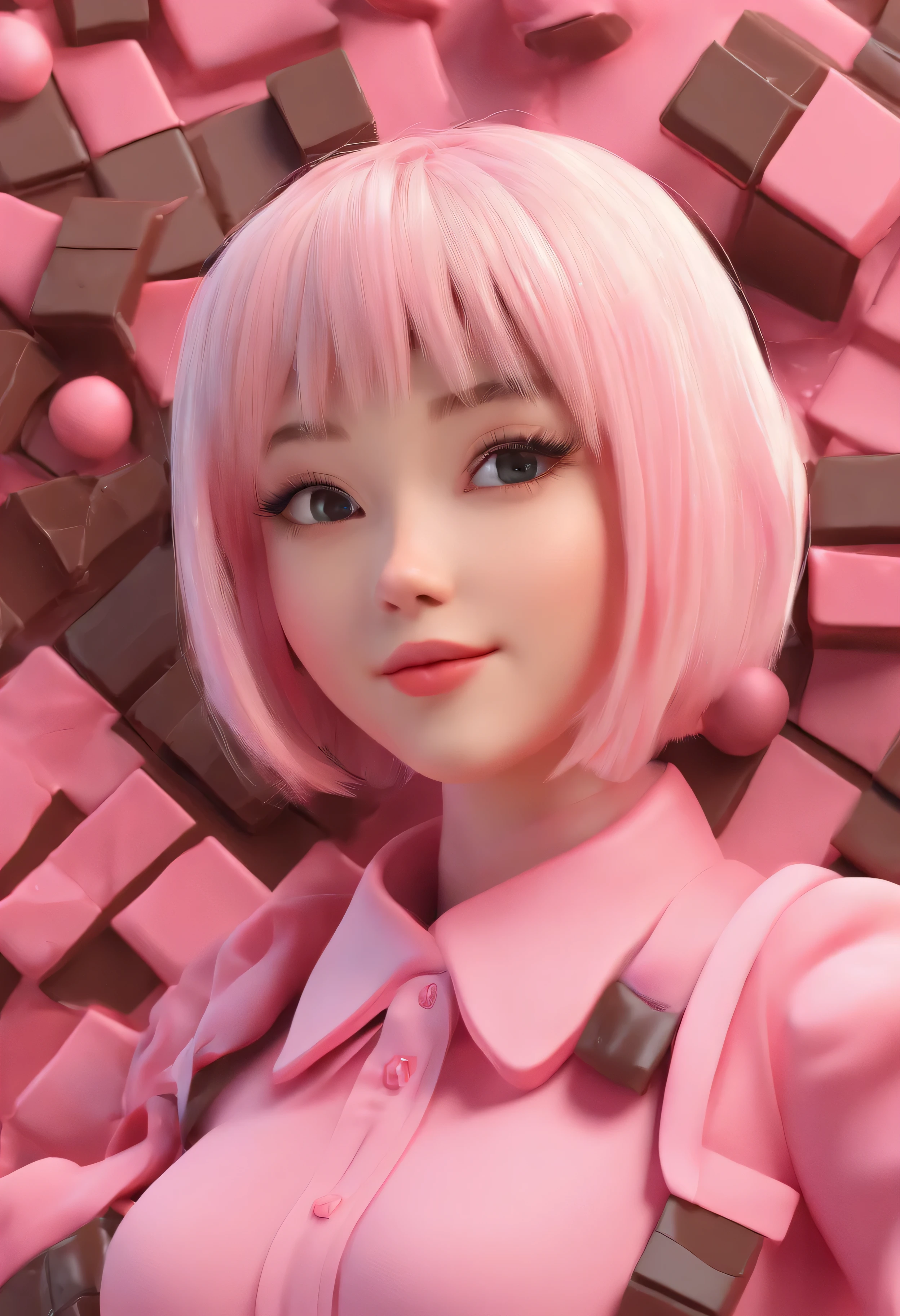 (masterpiece, highest quality, High resolution), pink background, ((ミルクチョコレートsplash, black chocolate stuffed animal, large drops of melted chocolate, splash)), Japanese high school girl holding chocolate, delicate body shape, medium sized breasts, short cut hair, evil smile, pink lips, front, Upper body,