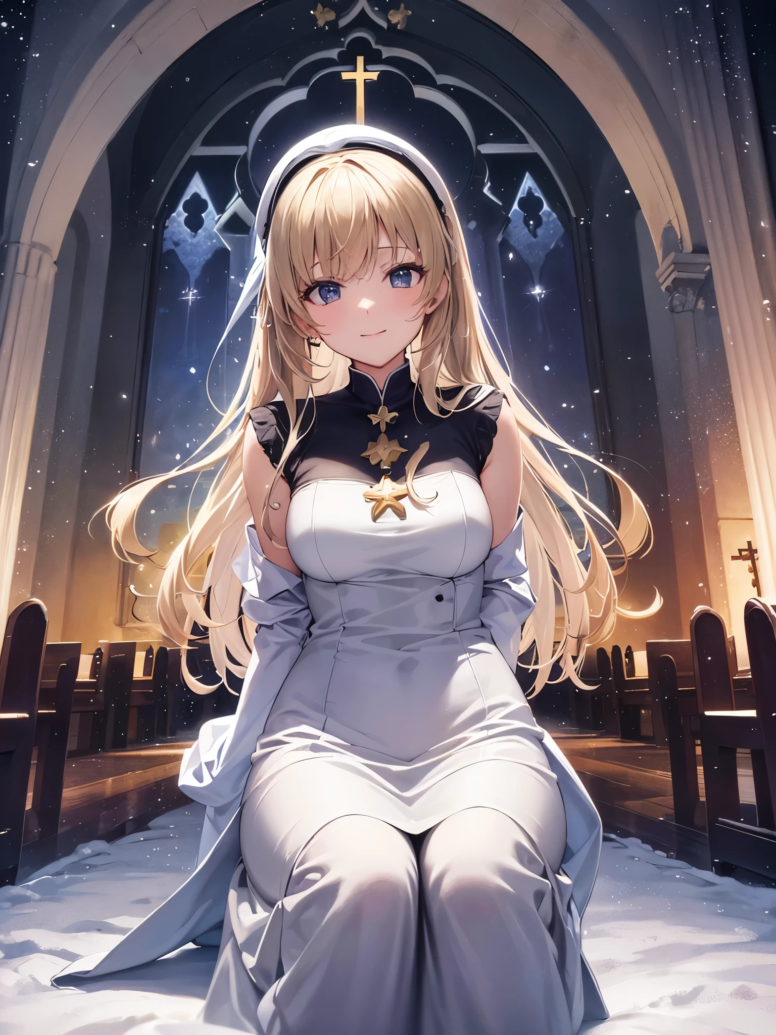 ((top quality)),(Super high resolution),(super detailed),(detailed description),((best anime)),(best work of art),super precision art,amazing art of depiction,Overwhelming descriptive power:1.5, (1 woman:1.5),Stargazing at the stars,gentle smile:1.3, (night scene:1.6),snow scene:1.3,(church covered in snow:1.5),starry sky,shining light:1.5,