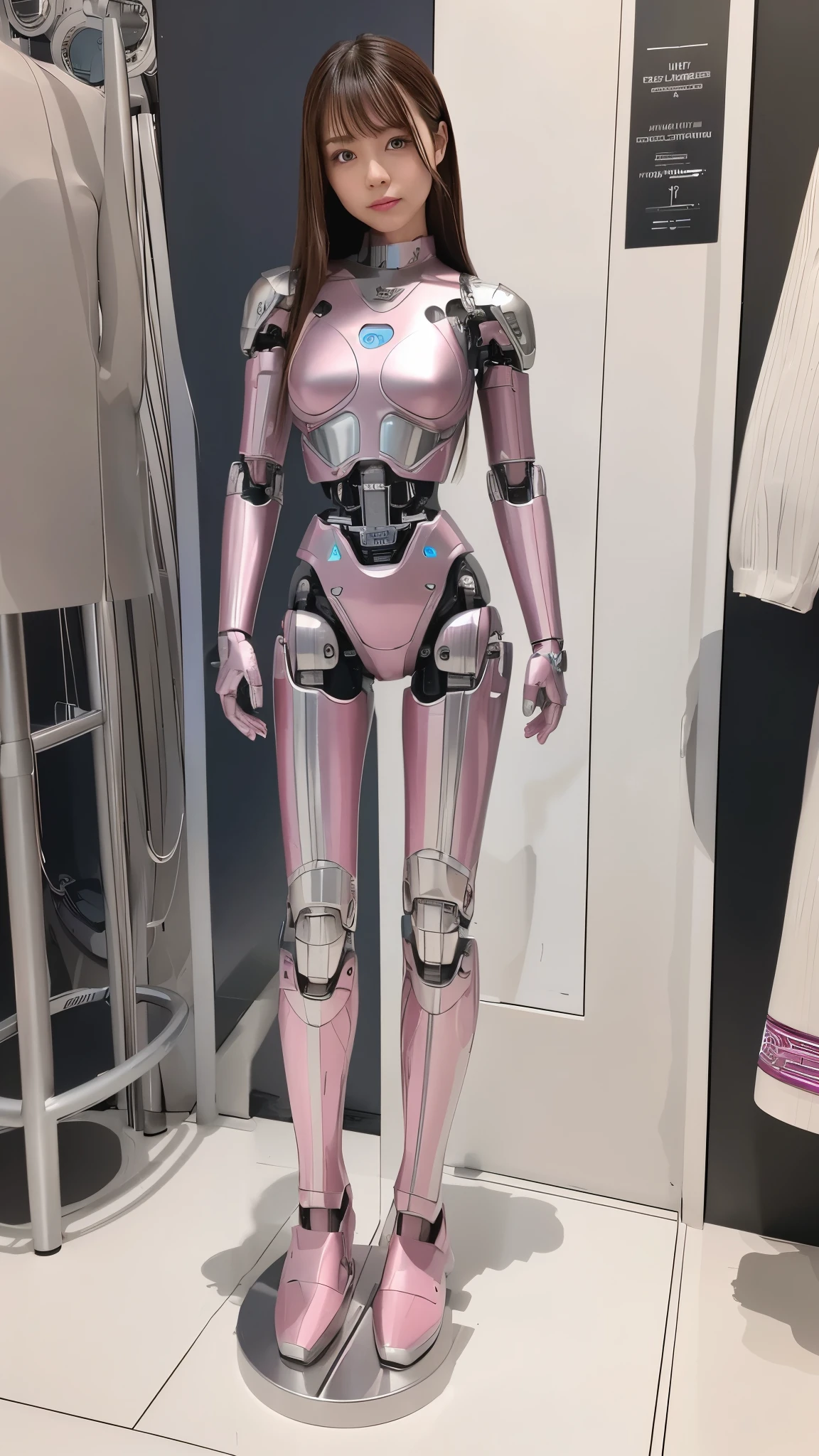 cyborg, pink there, Silver, Metallic body, Robot Parts, Metal Parts, Super Detailed Face, Super well-formed face, of the highest quality, a small face, a small head, full body, Brown hair, Slender body, Camera gaze, Internal Mechanical Exposure, Idol, Well-proportioned body, gravure, Photo session, Akihabara, Moe Pose, Standing with legs open, Model body type, sad, Embarrassing,(Perfect Robot Girl),(Perfect machine body)