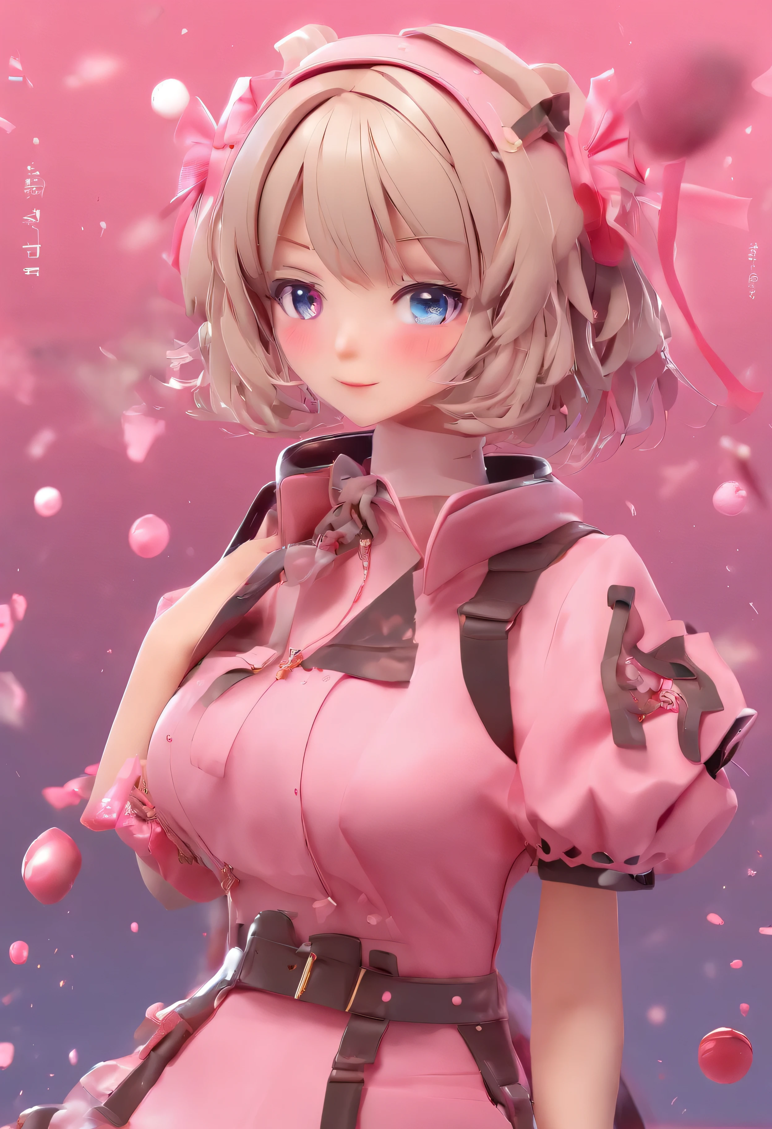 (masterpiece, highest quality, High resolution), pink background, ((ミルクチョコレートsplash, black chocolate stuffed animal, large drops of melted chocolate, splash)), Japanese high school girl, delicate body shape, medium sized breasts, short cut hair, evil smile, pink lips, front, Upper body,