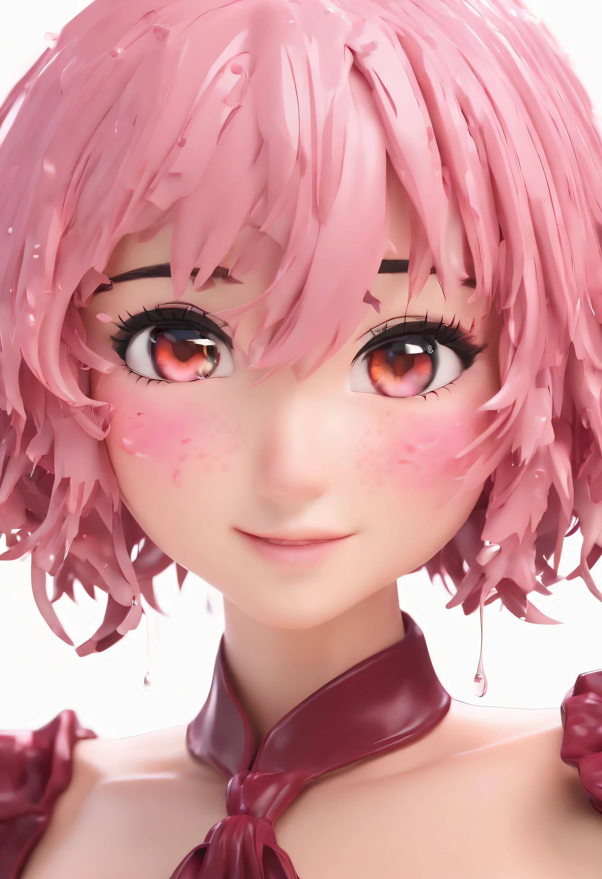 (masterpiece, highest quality, High resolution), pink background, ((ミルクチョコレートsplash, black chocolate stuffed animal, large drops of melted chocolate, splash)), Japanese junior high school girl, delicate body shape, medium sized breasts, short cut hair, evil smile, pink lips, front, Upper body,