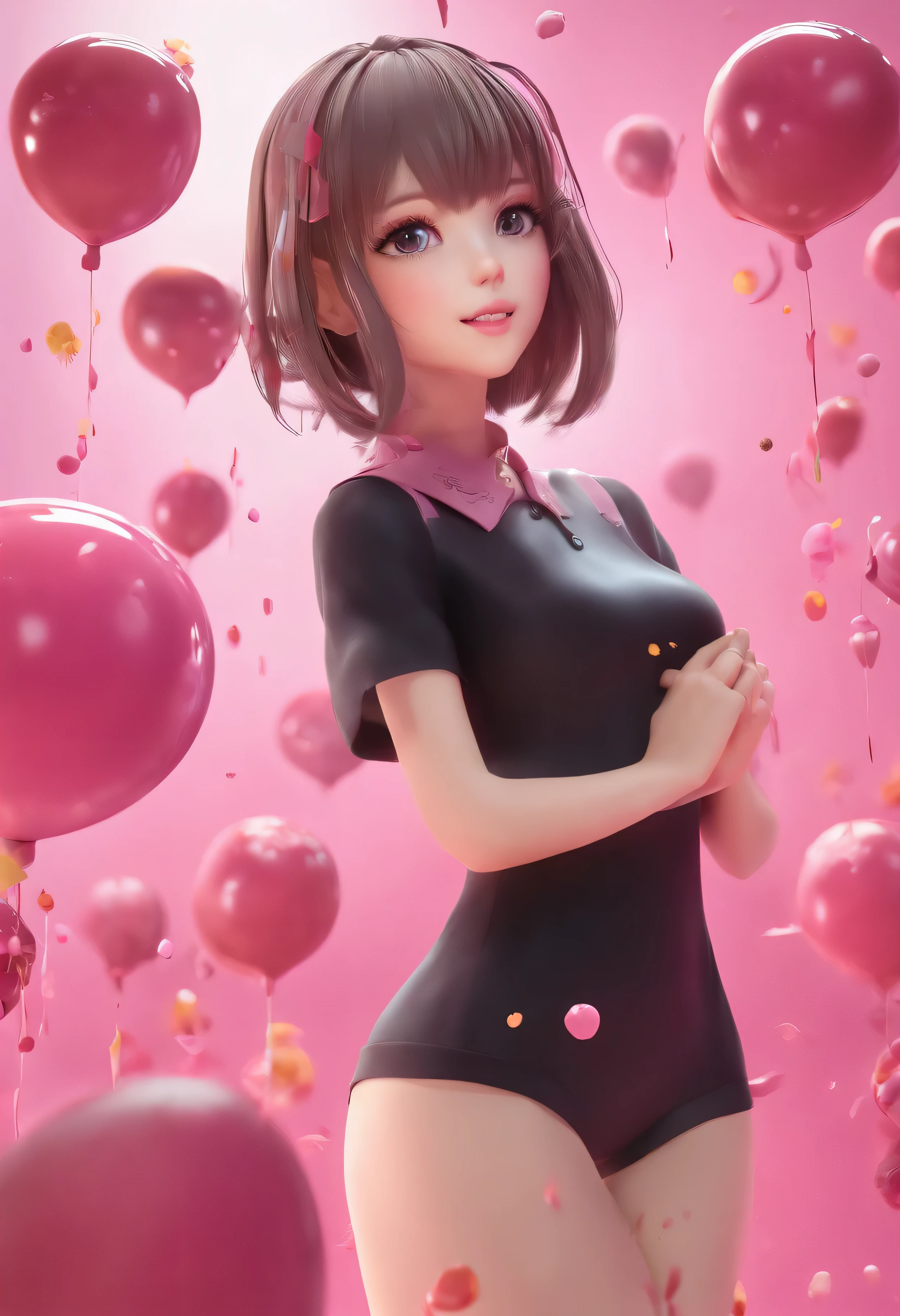 (masterpiece, highest quality, High resolution), pink background, ((ミルクチョコレートsplash, black chocolate stuffed animal, large drops of melted chocolate, splash)), Japanese junior high school girl, delicate body shape, medium sized breasts, short cut hair, evil smile, pink lips, front, Upper body,