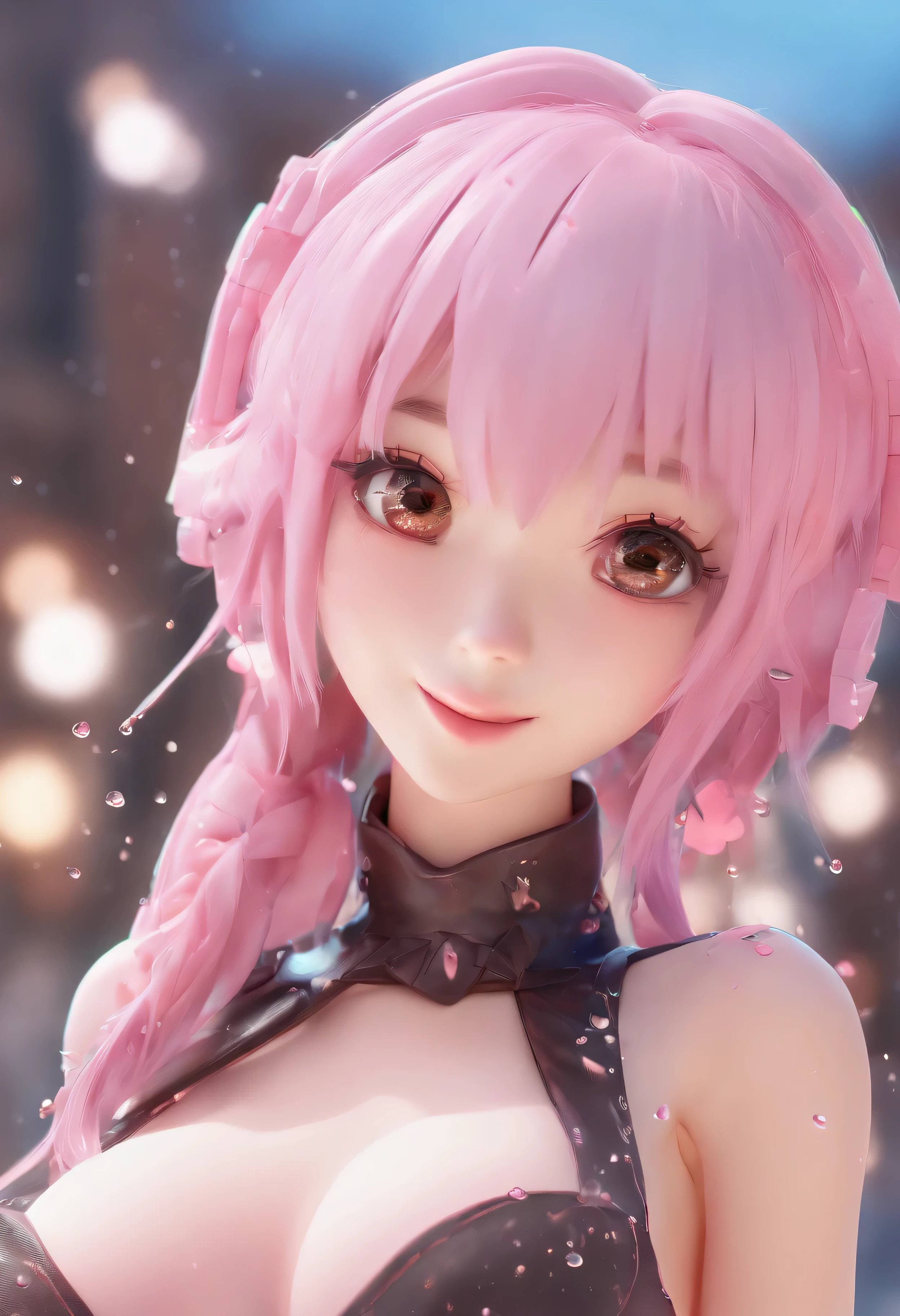 (masterpiece, highest quality, High resolution), pink background, ((ミルクチョコレートsplash, black chocolate stuffed animal, large drops of melted chocolate, splash)), Japanese junior high school girl, delicate body shape, medium sized breasts, short cut hair, evil smile, pink lips, front, Upper body,