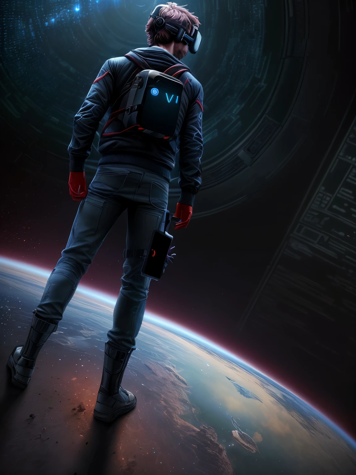 A man wearing a VR headset (Apple Vision Pro),Face away from the camera,Standing on Earth,Side head,cinema shot,Highest quality,((extremely realistic photo)),It has a strong picture impact,8K quality,sci-fy,Sci-fi is strong,Imaginative picture,Rich background details,Comfortable color combinations