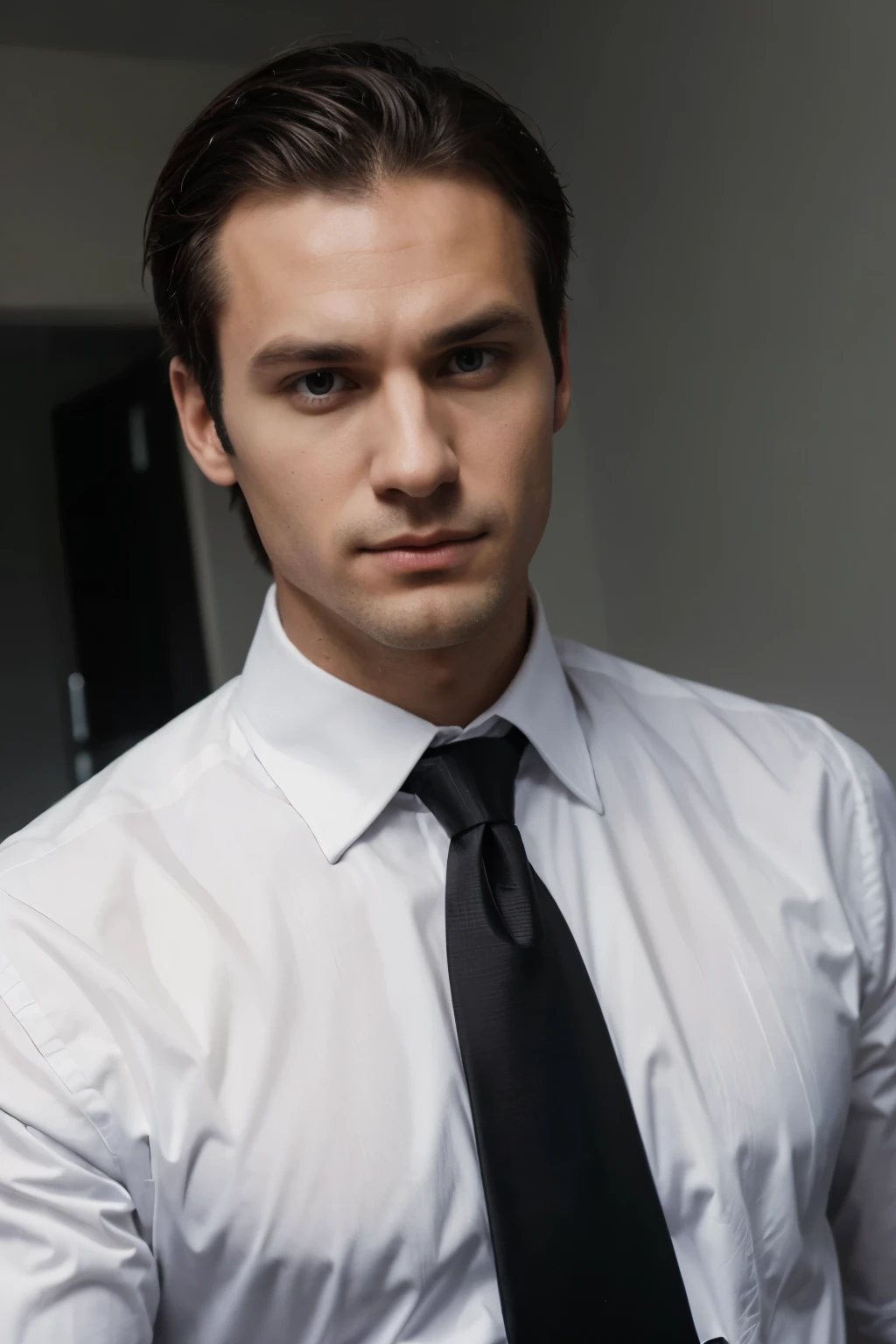 a smart Caucasian man, tall, he wears white shirt, black necktie and black suit. serious, he looks a the camera