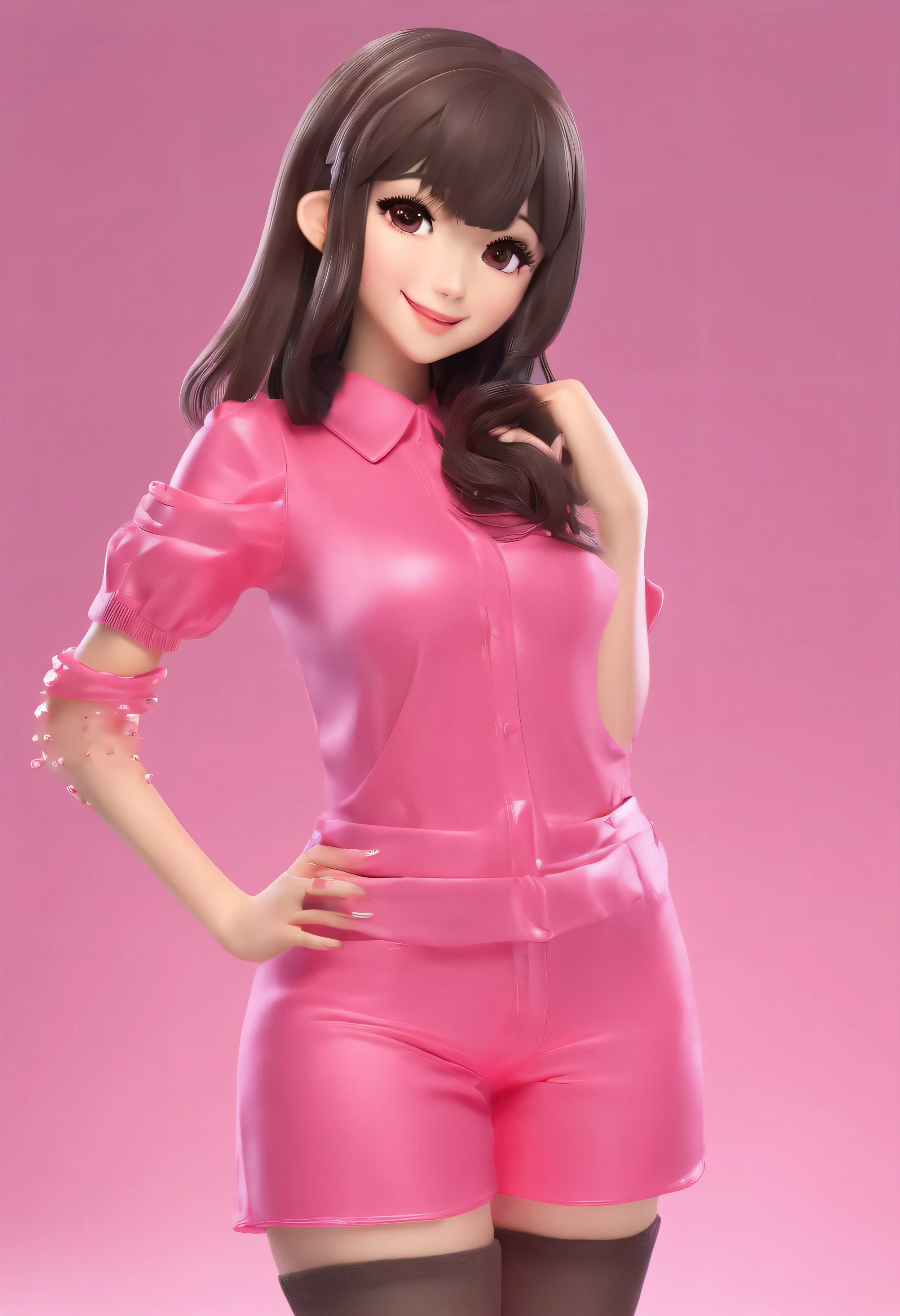 (masterpiece, highest quality, High resolution), pink background, ((ミルクチョコレートsplash, black chocolate stuffed animal, large drops of melted chocolate, splash)), Japanese  high school girl holding chocolate, delicate body shape, huge breasts, short cut hair, evil smile, pink lips, front, Upper body,