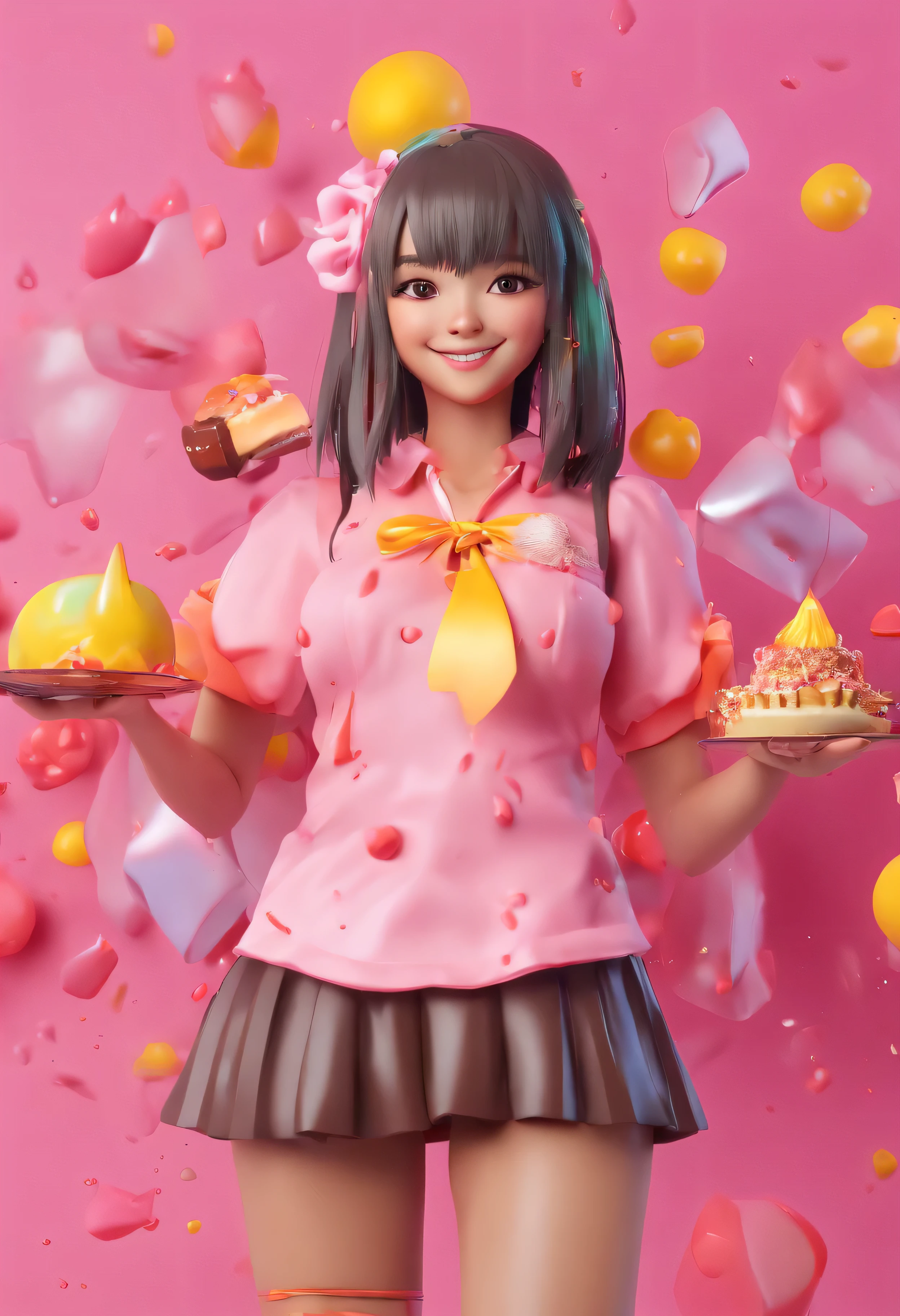 (masterpiece, highest quality, High resolution), pink background, ((ミルクチョコレートsplash, black chocolate stuffed animal, large drops of melted chocolate, splash)), Japanese junior high school girl holding chocolate, delicate body shape, huge breasts, short cut hair, evil smile, pink lips, front, Upper body,