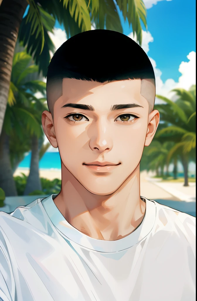 (High resolution, super detailed)、A park near the sea in Miami, USA、skin head、A gentle smile full of compassion、good looking、Handsome guy、Japanese、aldult、white t-shirt、beautiful brown eyes、Beautiful depiction of light and shadow