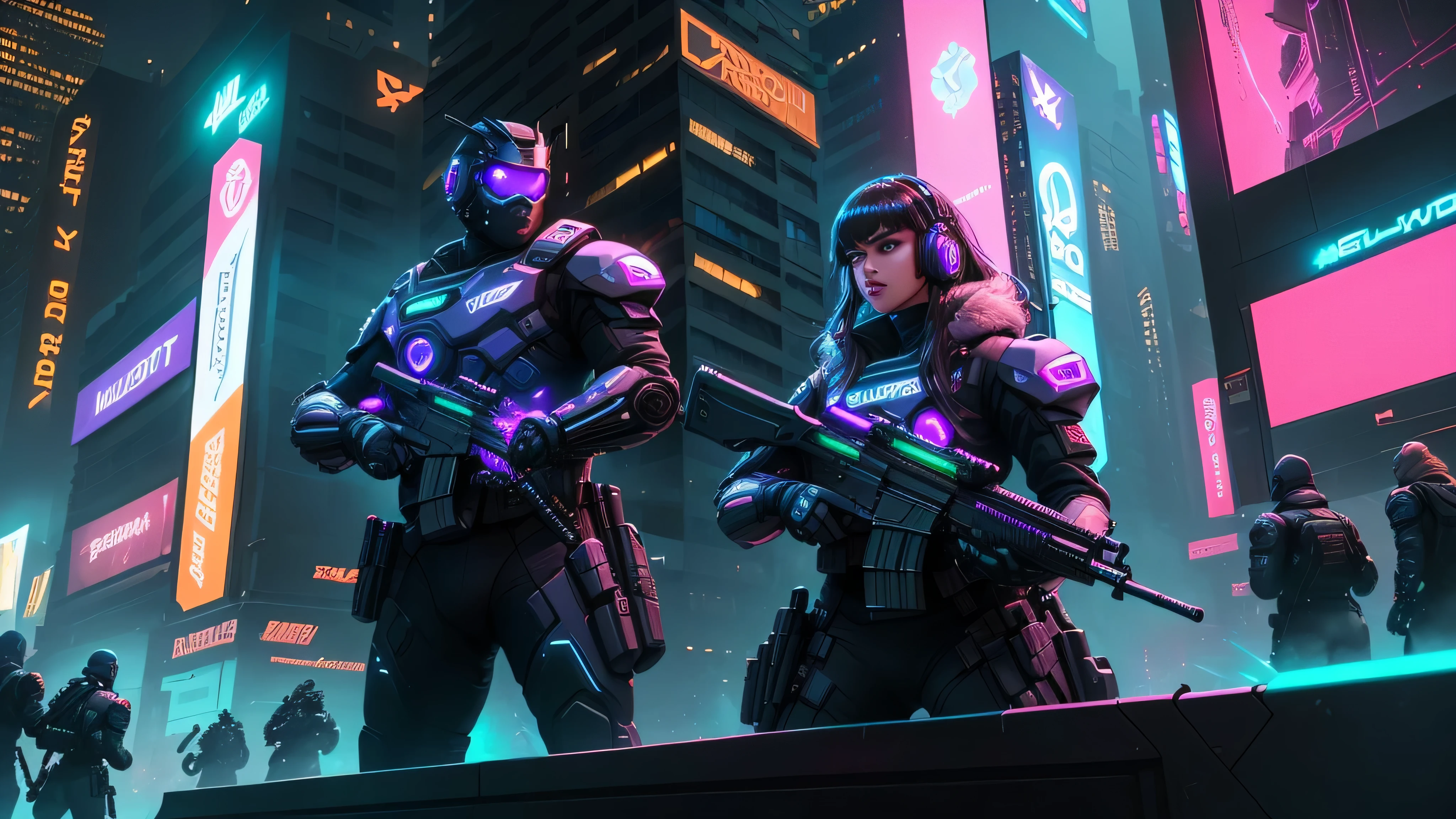 In the heart of a futuristic metropolis, surrounded by neon lights and cyberpunk police, a VALORANT game comes to life on a super realistic wallpaper. The city scene is bustling with activity, as agents from both sides prepare for an intense shooting match. The VALORANT game is highly detailed, with each character's pangron outfit gleaming in the vibrant neon lights. As the players take aim, their weapons emit a brilliant spark, ready to unleash a hail of bullets. The atmosphere is tense as the countdown begins, the city scene outside the window continuing its frenetic energy, a stark contrast to the intense concentration of the players. The sounds of gun