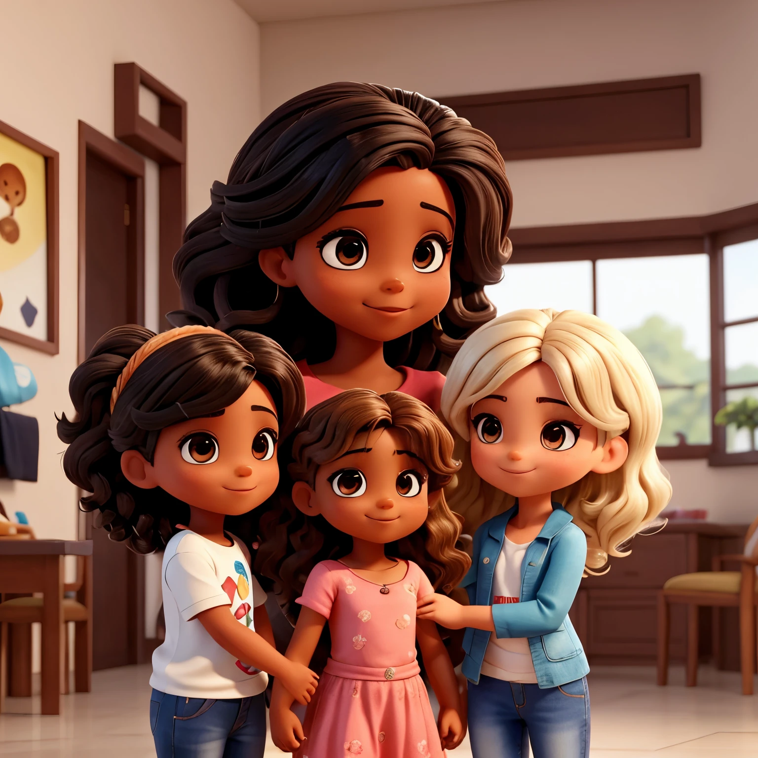 uma loira de cabelos ondulados e um morena com ondas no cabelo um pouco mais baixa abaracadas a um menino de pele clara e cabelo preto curto , the three hugging