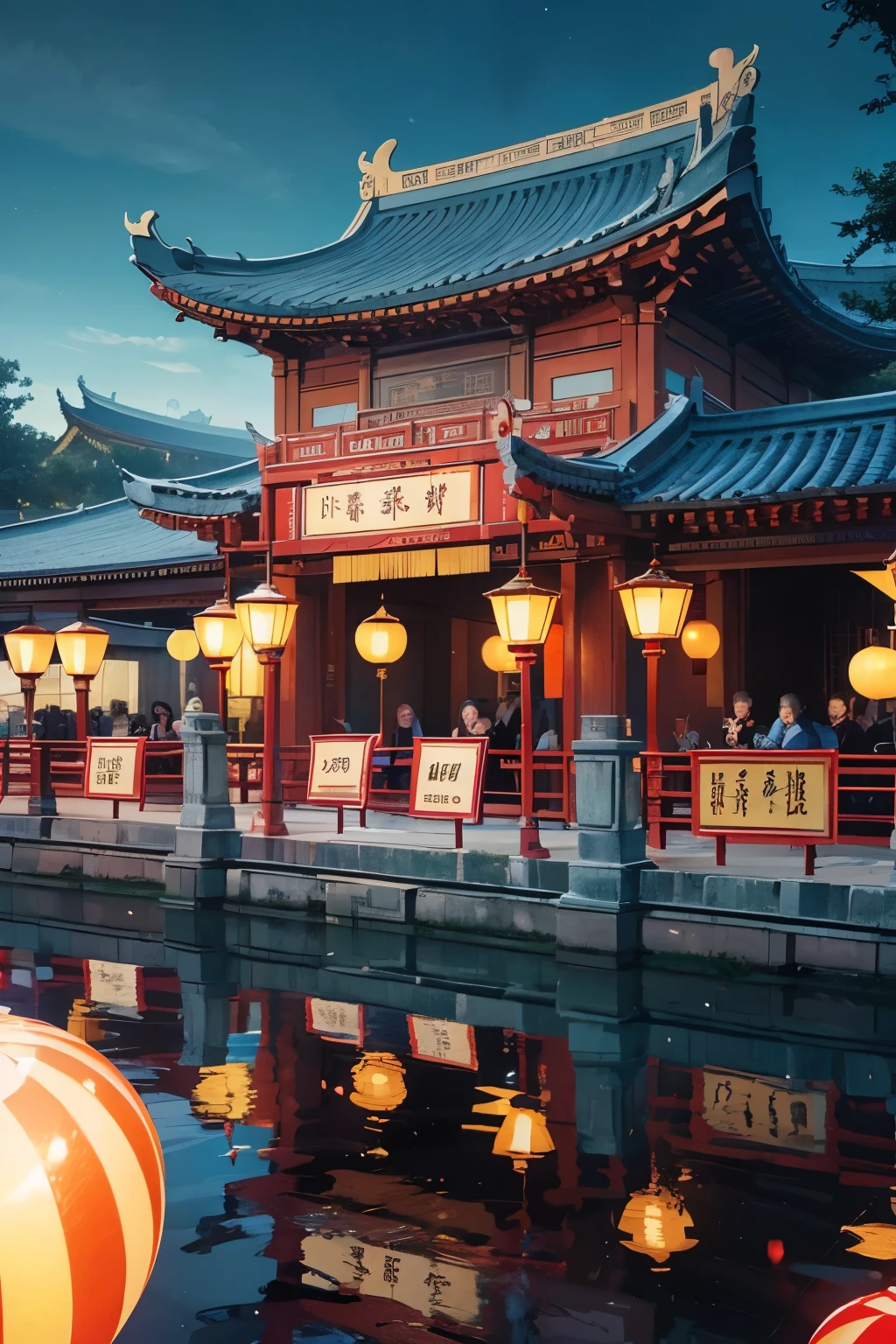 masterpiece, top quality, 4K UHD,
during, The Lantern Festival,
traditional Chinese event,
countless urban landscape models,
main city,
meticulously crafted buildings,
street lights aglow,
vibrant lanterns suspended,
kaleidoscopic reflections,
crowds of celebrants,
riverfront promenade,
silhouettes and shadows,
moonlight shimmering,
a festive and magical atmosphere --auto --s2