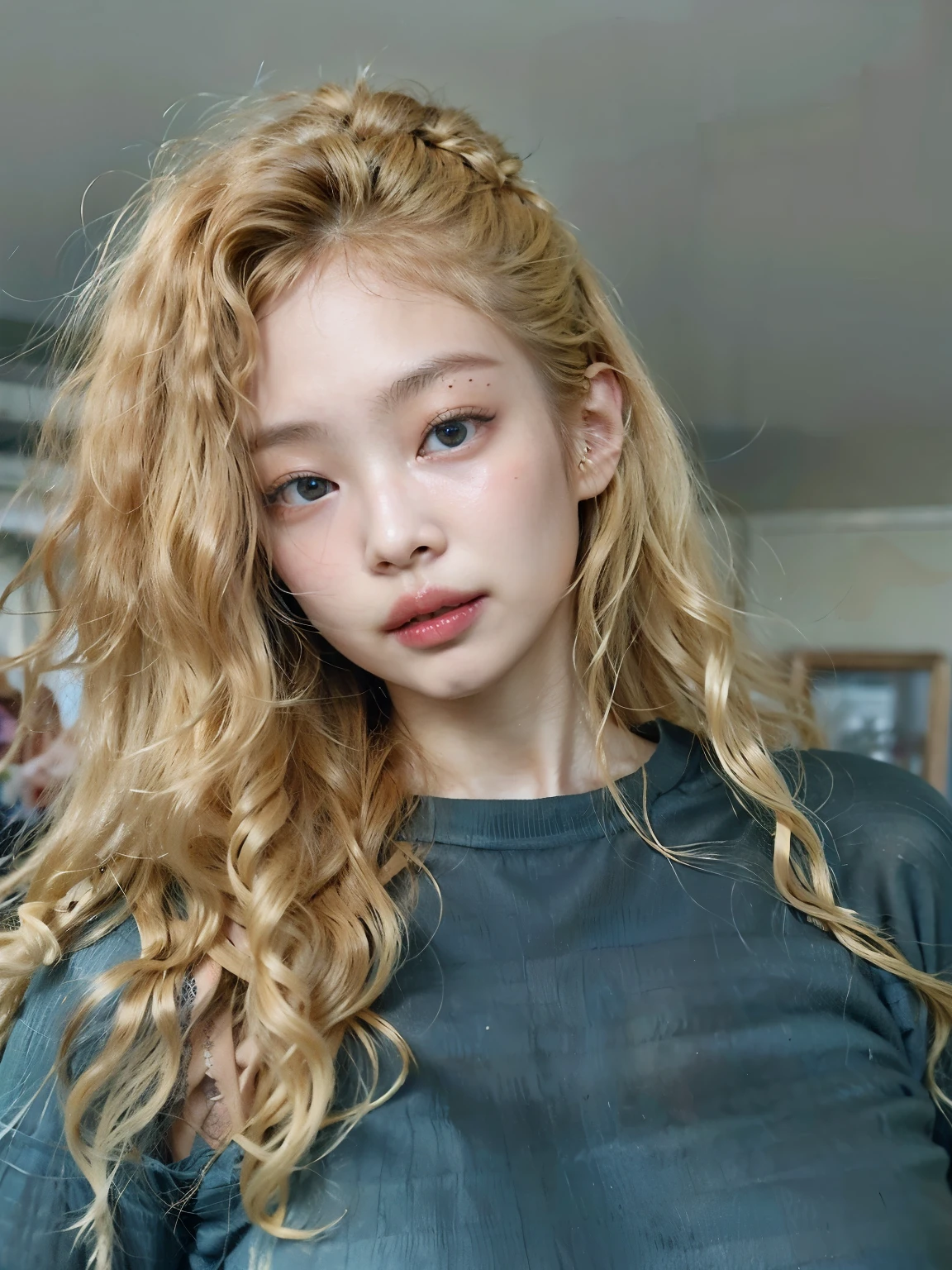 Jennie um close de uma mulher com cabelos longos e cacheados vestindo uma camisa azul, curly blonDe hair | D & D, blonDe curly hair, pale skin curly blonD hair, curly blonD, long curly blonDe hair, curly blonDe hair, blonD curly hair, curly Dirty blonDe hair, syDney sweeney, curly blonD hair, very very curly blonD hair, long fluffy blonD curly hair, Curly hair