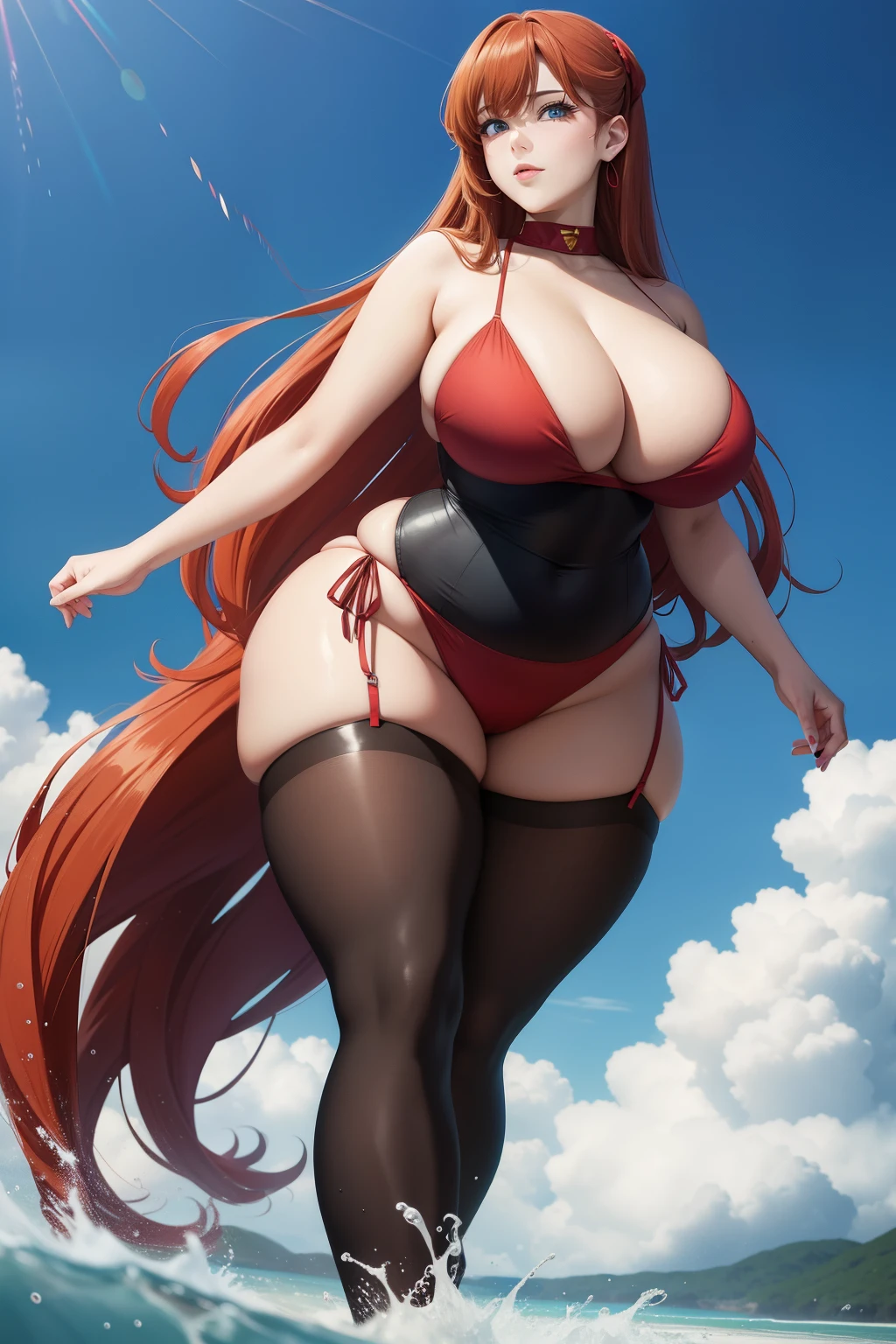 Full body portrait photo of anime bbw girl in red bikini with long hair and big breasts, very fat curvy body, wide waist and wide hips, round and beautiful face, very similar portrait of asuka langley Soryu, asuka langley, anime female characters, evangelion beautiful girl, that'Junji'Style, asuka from evangelion, cel shaded anime