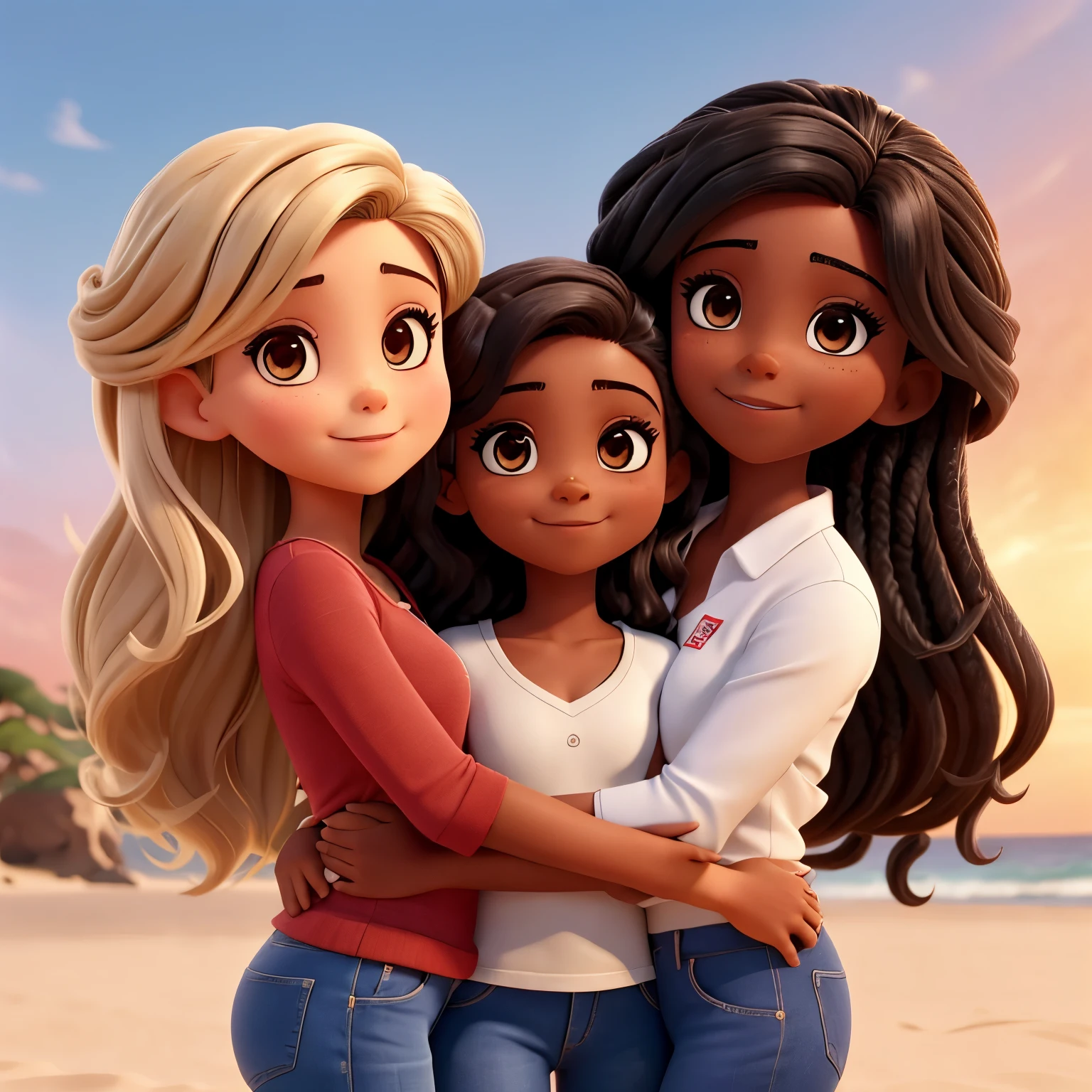 desenhe uma  loira de cabelos ondulados e um  morena com ondas no cabelo um pouco mais baixa e um jovem menino de pele clara e cabelo preto curto , the three hugging