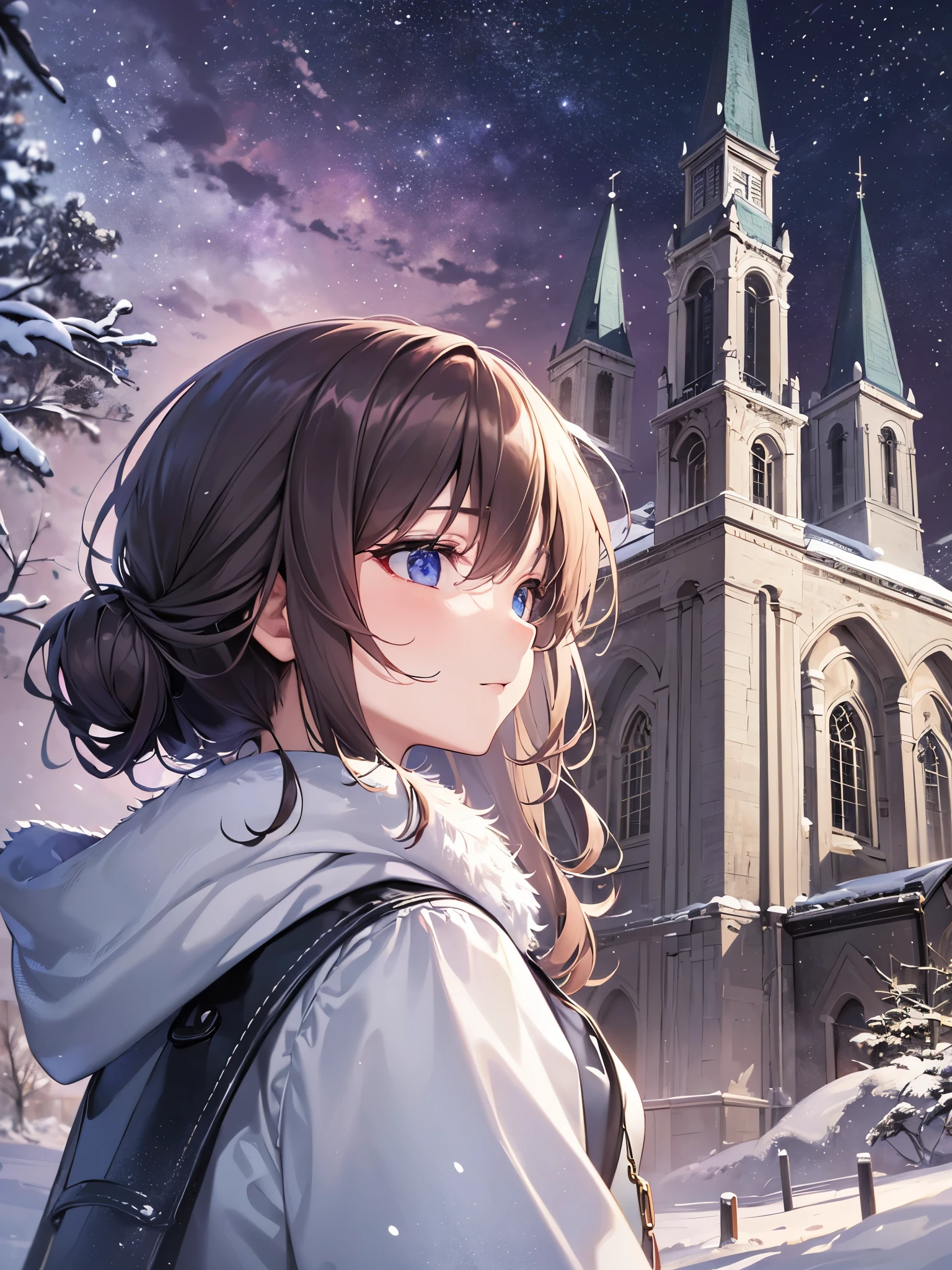 ((top quality)),(Super high resolution),(super detailed),(detailed description),((best anime)),(best work of art),super precision art,amazing art of depiction,Overwhelming descriptive power:1.5, (1 woman:1.5),Stargazing at the stars,gentle smile:1.3, (night scene:1.6),snow scene:1.3,(church covered in snow:1.5),starry sky,shining light:1.5,