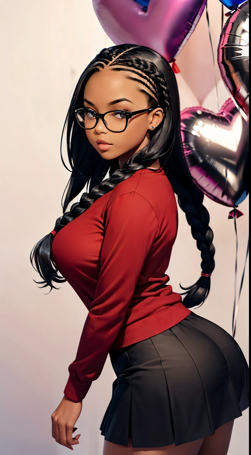 (ultra high definition)), ((ultra high resolution)), ((ultra sharpness)), ((cinematic)), ((8K)), ((Unreal Engine 5)), ((Ultra Black girl)), ((extremely beautiful)), ((glasses), ((totally realistic)), ((total fidelity)), ((ultra curvy)), ((front view)), ((big ass and thick thighs)), ((tall)),((ultra detailed face)), ((beautiful forehead)), ((ultra detailed eyes)), ((brown eyes)), ((sexy thick lips)), ((ultra detailed irises)), ((ultra detailed hands)), ((ultra detailed fingers)), (((alone))), (((full body))), ((cool lighting)), ((tiny skin hair)), ((always the same face)), ((repeat always the same face)), ((always the same body)), ((always the same body proportions)), ((wearing a red long sleeve shirt and short black skirt)), ((heart shaped balloons)), ((valentine celebration)), ((in front of valentine gift shop)), ((alone in the photo)), ((repeat the same clothes)), ((always the same clothes)), ((looking at the camera)), ((fully braided hair)), ((detailed hair)), ((black hair)),