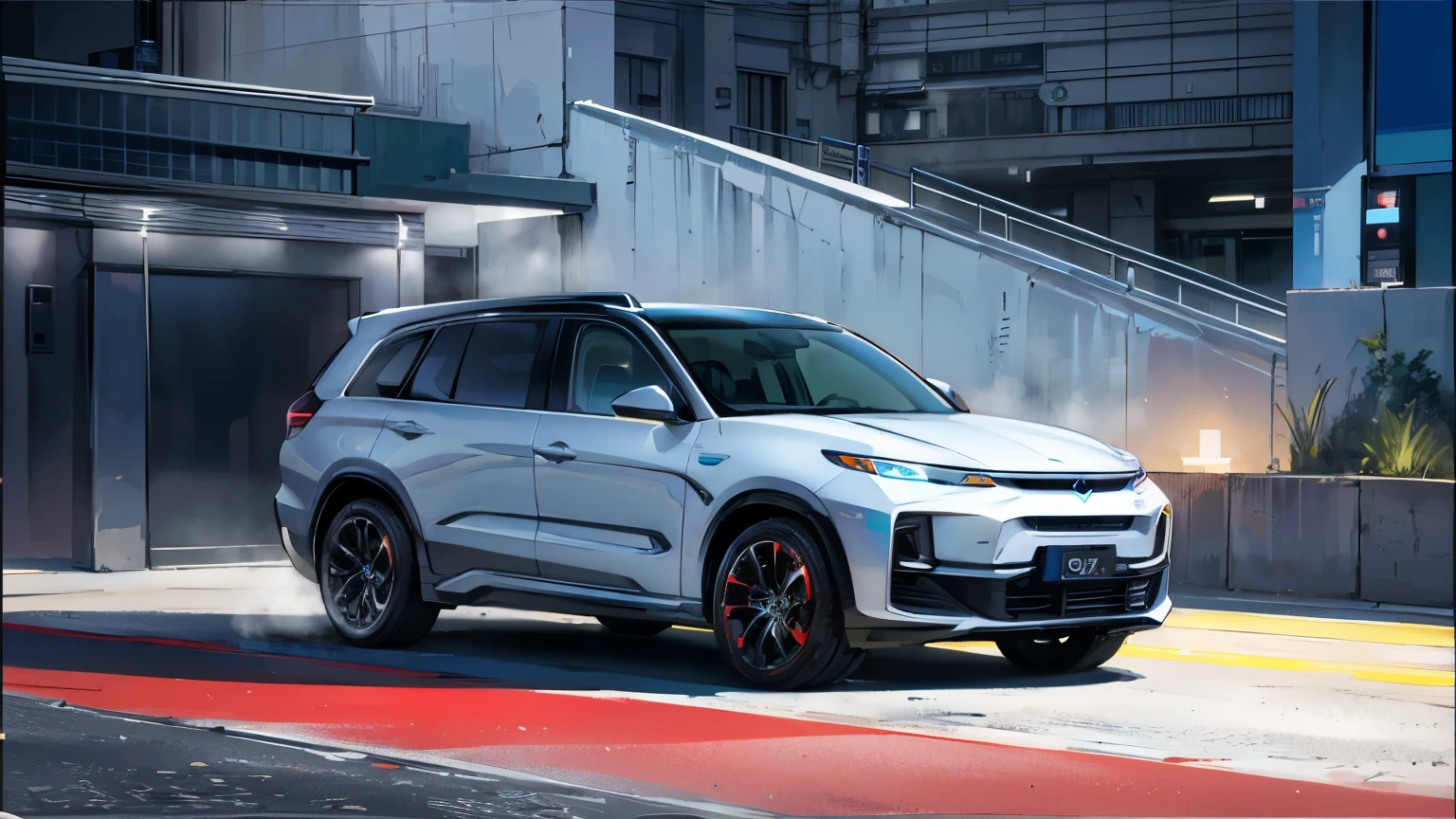 A luxury silver SUV parked on the side of the road,Full view of futuristic background car, hydrogen fuel cell vehicle, 3/4 front view, Mechanical appearance, Clear and smooth lines, cyberpunk style,front shot, Future product car photography, High quality rendering, outdoor filming