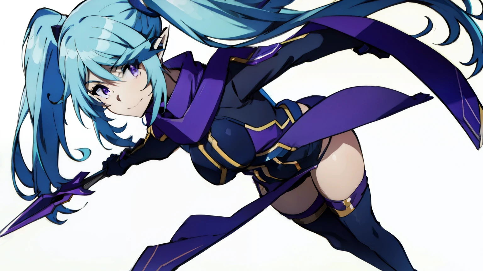 a anime female wearing a blue dress is holding a spear in hand, 1girl, solo, breasts, purple eyes, pointy ears, twintails, smile,sideview,fullbody,pov, large breasts, long hair, purple scarf, white background, looking at viewer,Twin tails, Purple Eyes, Light Blue hair, Black Bodysuit, Covered Navel, Thigh highs, Black Gloves,colorful background