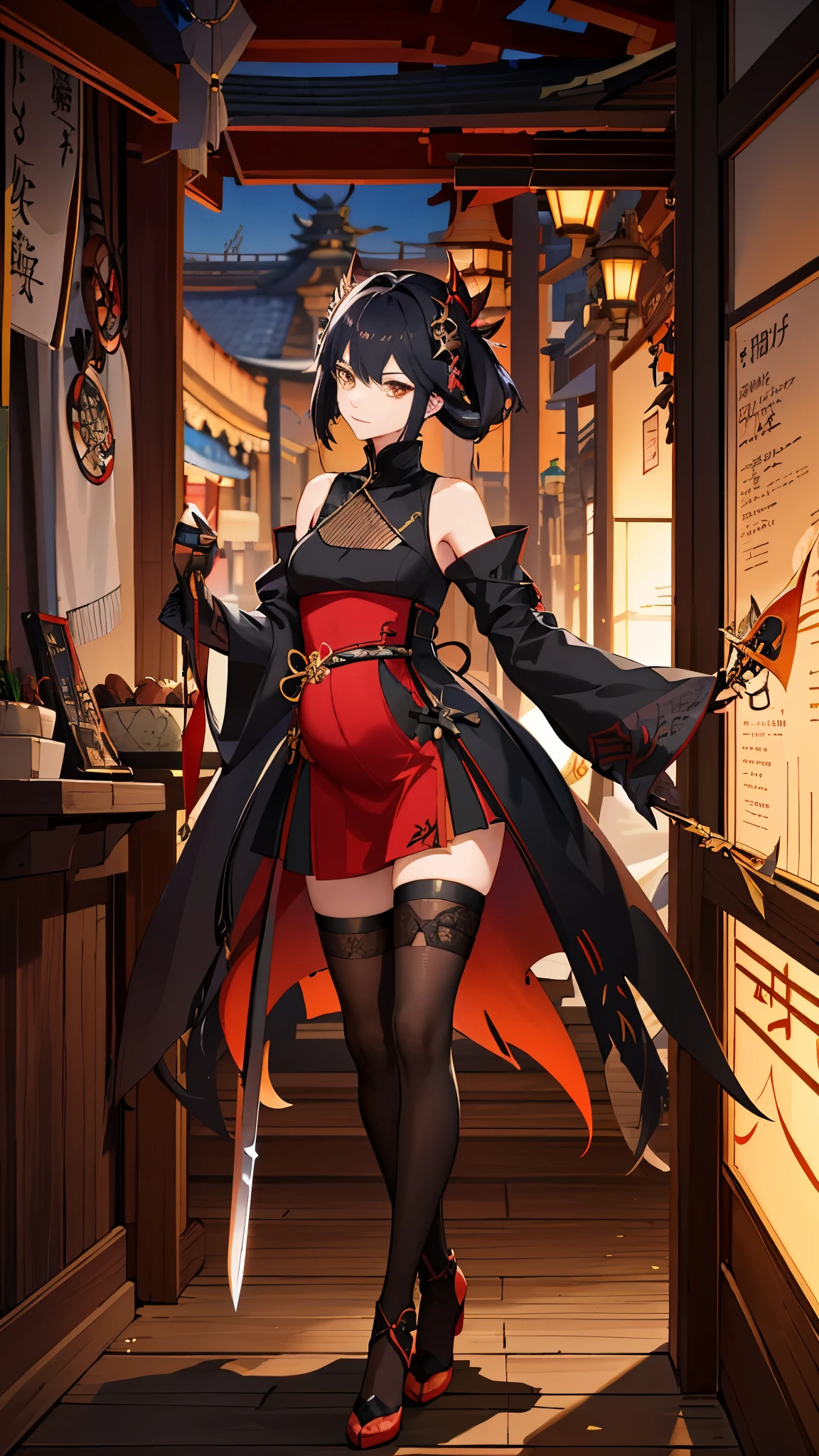 a woman in a dress holding a dagger and a dagger, video game character, from arknights, fox nobushi holding a dagger, hajime yatate, keqing from genshin impact, black haired deity, with small sword, ayaka genshin impact, female action anime girl, official character art, anime character, pregnant anime girl, fetus