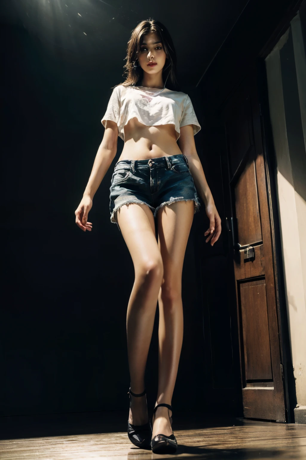 best quality, masterpiece, high resolution, 4k, 1 girl, Super detailed, surreal, Highly detailed CG illustrations, official art, movie lighting, Reality, beautiful young girl, Perfect body, from below, posture, Sexy long legs, confident, Beautiful and sexy, gray short sleeves, open belly, Black Super Shorts