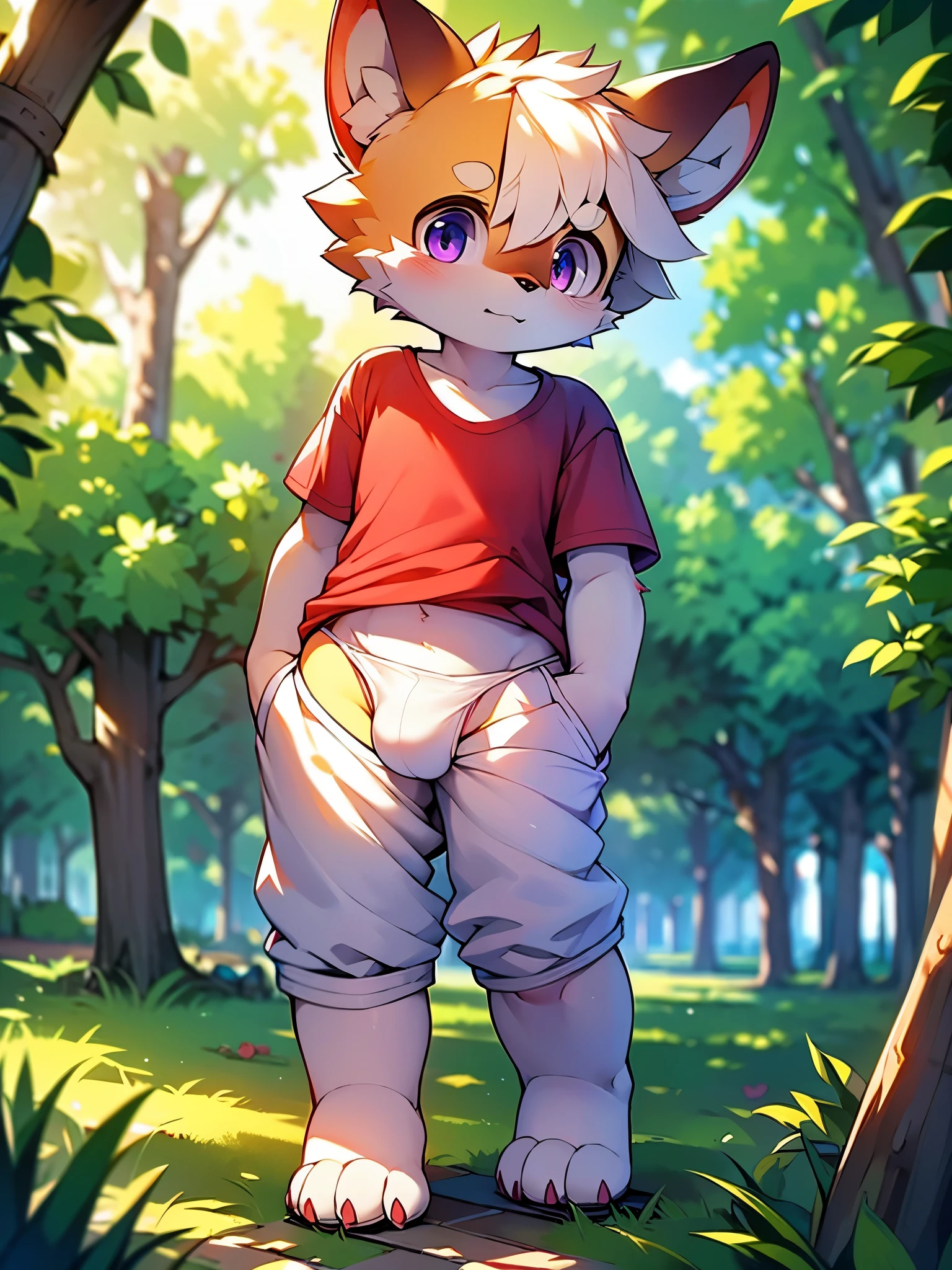 Dog, ((solo)), , cute, with yellow fur, (big purple eyes), ((two symmetrical horns)), claws, (((wearing a red T-shirt and a white thong underwear))), standing on the grass, on the playground, looking up at you, blushing on the cheeks, (((insert the hands into the pockets))),in the morning, fine facial depiction, accurate detail depiction, brilliant light and shadow, 4K high-definition
