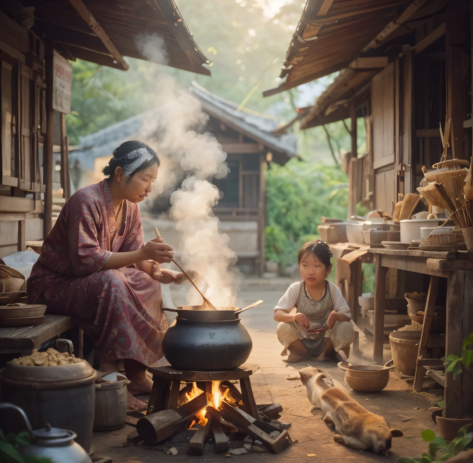 An old Thai woman cooks in the kitchen of a Thai temple. There are various cooking utensils and ingredients for cooking, both vegetables and meat. There is also a cat thief who steals food by the window.