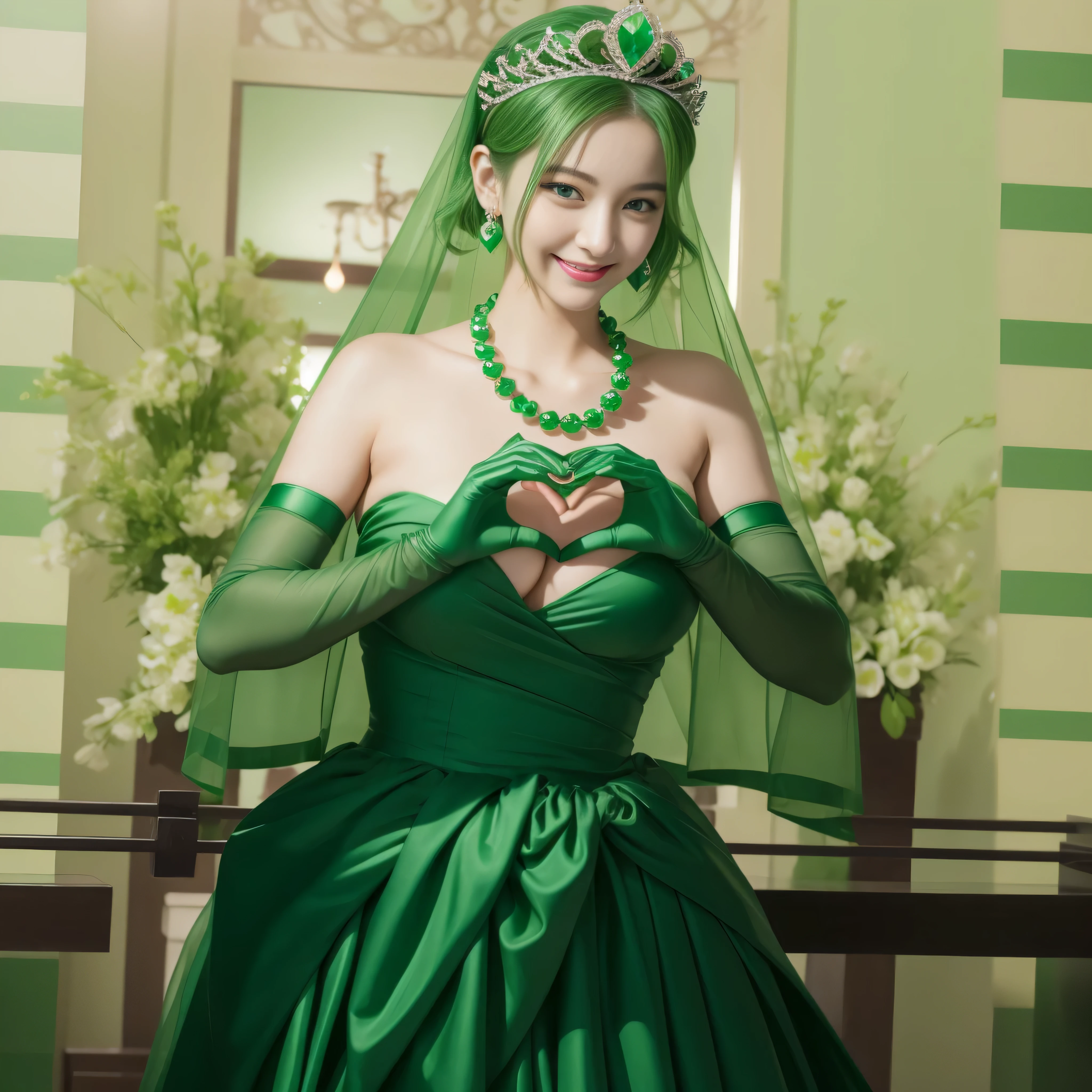 emerald tiara, Green Pearl Necklace, ボーイッシュな非常に短いgreen hair, green lips, smiling Japanese woman, very short hair,  beautiful woman with big breasts, green eyes, green satin long gloves, green eyes, emerald earrings, Green veil, Heart with both hands, green hair, beautiful japanese woman, heart shaped hands:1.3, green lip gloss