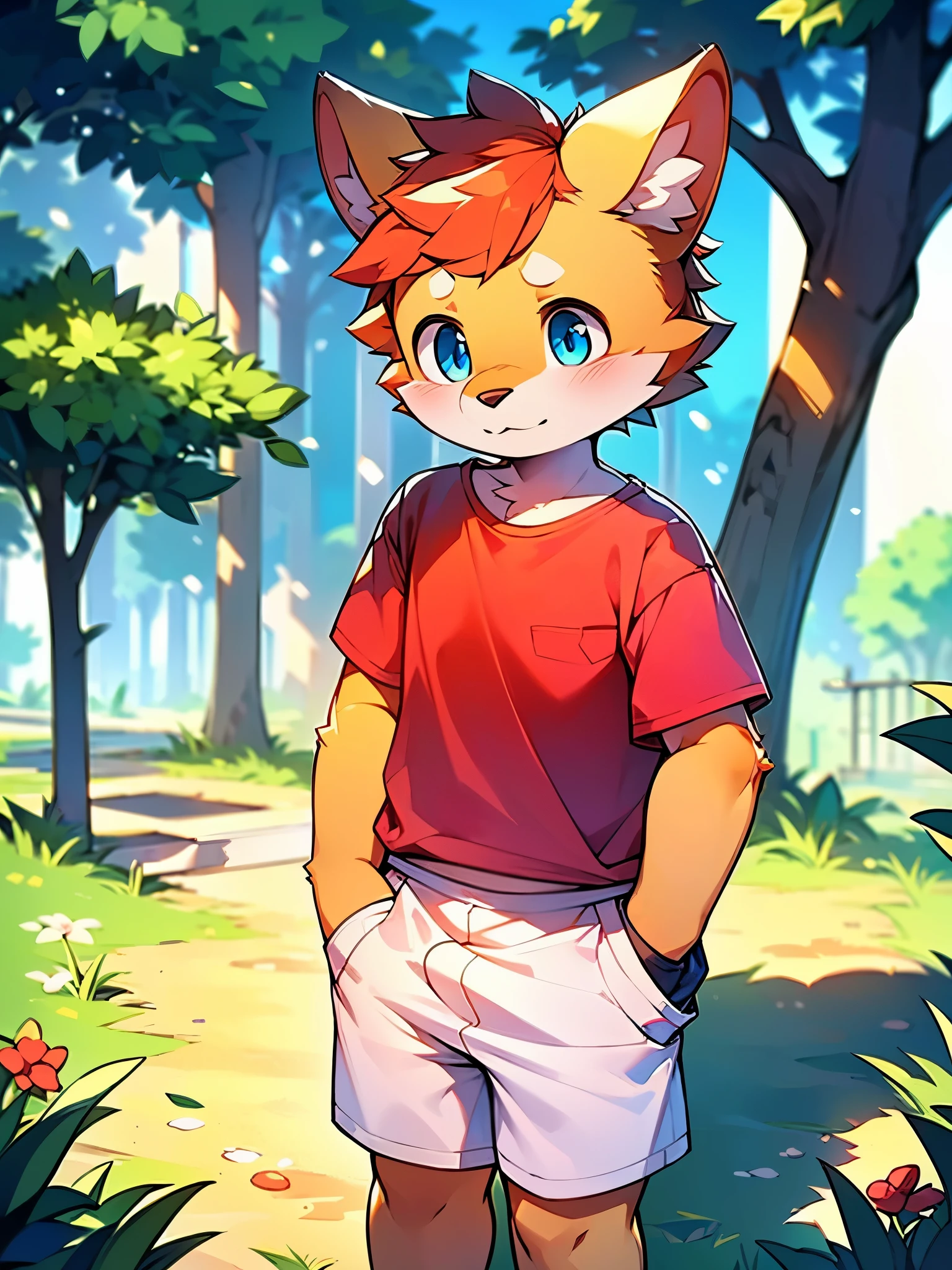 Dog, ((solo)), little boy, cute, with yellow skin, (big blue eyes), ((two symmetrical horns)), claws, (((wearing a red T-shirt and a white shorts))), standing on the grass, on the playground, looking up at you, blushing on the cheeks, (((insert the hands into the pockets))),in the morning, fine facial depiction, accurate detail depiction, brilliant light and shadow, 4K high-definition