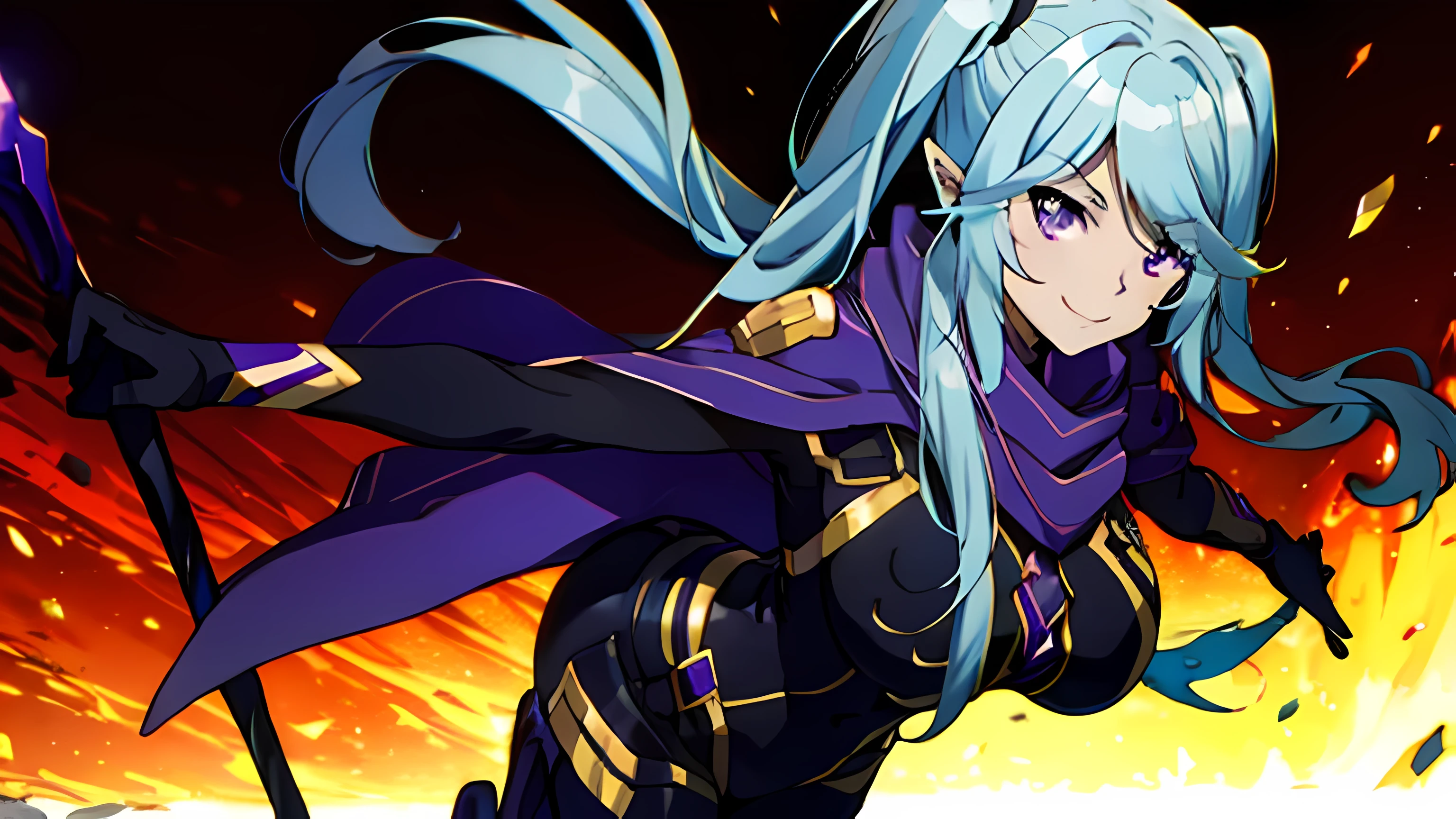 a anime female wearing a blue dress is holding a spear in hand, 1girl, solo, breasts, purple eyes, pointy ears, twintails, smile,sideview,fullbody,pov, large breasts, long hair, purple scarf, white background, looking at viewer,Twin tails, Purple Eyes, Light Blue hair, Black Bodysuit, Covered Navel, Thigh highs, Black Gloves,colorful background