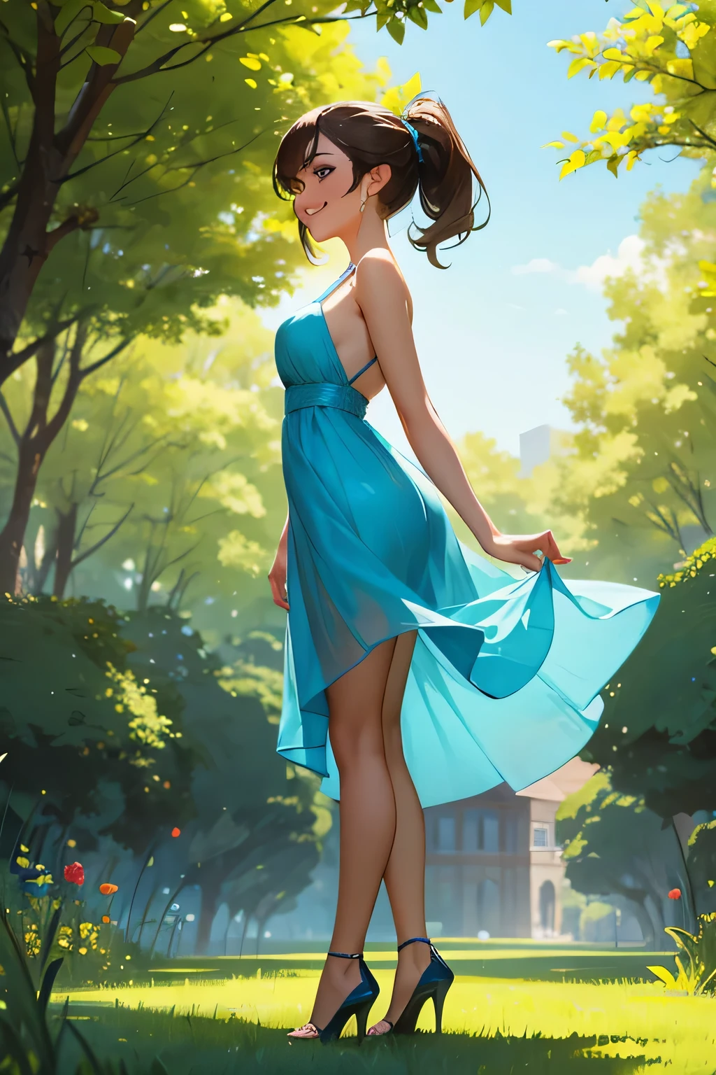 Summer day, a beautiful hot woman in a very short dress, big eyes, fresh loose blue dress walks across a green garden, Skinny, brown hair, ponytail, her dress is almost see thru, high heels, side view, big smile.