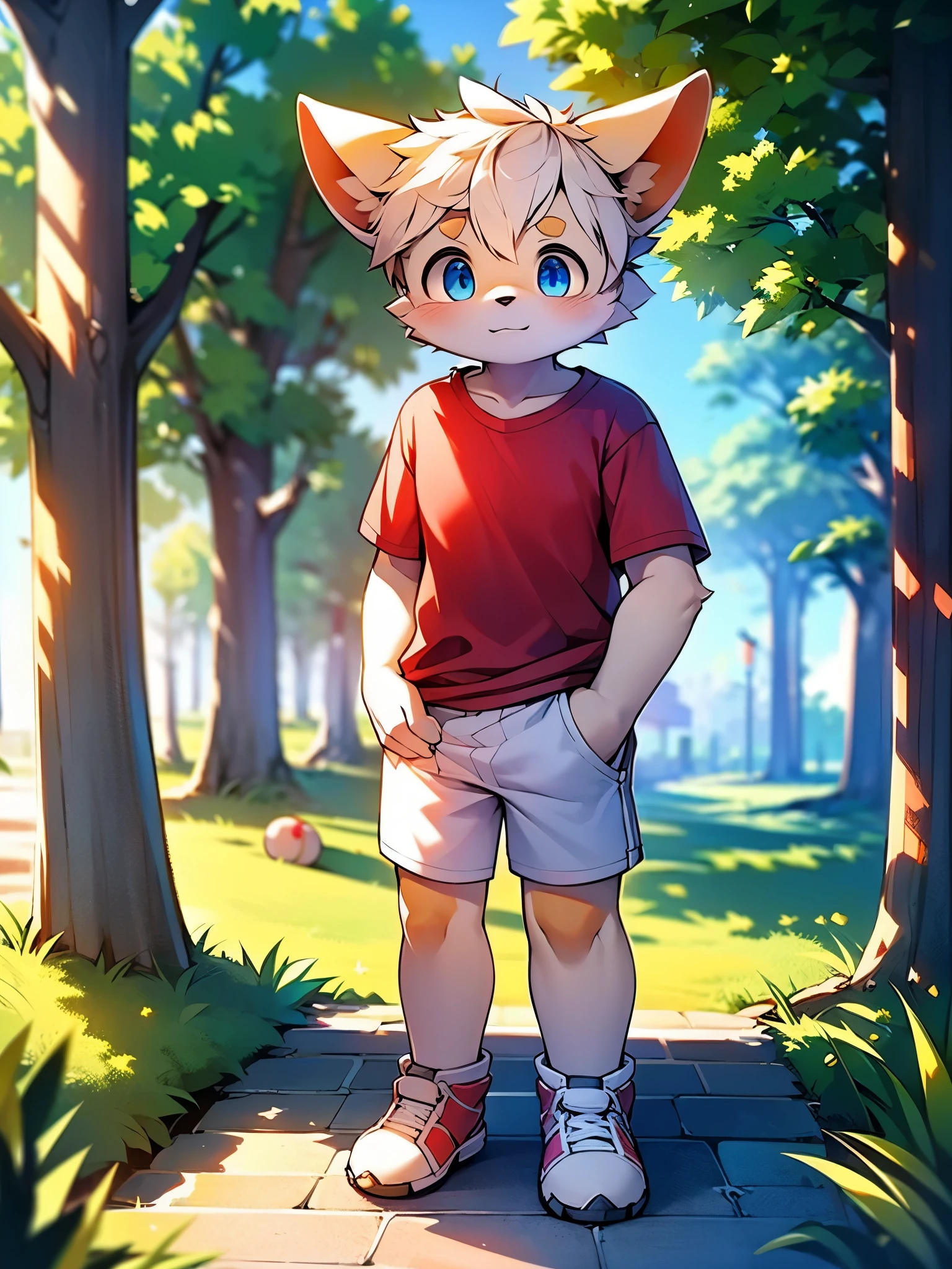 Dog, ((solo)), , cute, with yellow skin, (big blue eyes), ((two symmetrical horns)), claws, (((wearing a red T-shirt and a white shorts))), standing on the grass, on the playground, looking up at you, blushing on the cheeks, (((insert the hands into the pockets))),in the morning, fine facial depiction, accurate detail depiction, brilliant light and shadow, 4K high-definition