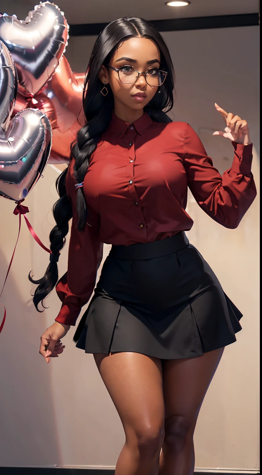 (ultra high definition)), ((ultra high resolution)), ((ultra sharpness)), ((cinematic)), ((8K)), ((Unreal Engine 5)), ((Ultra Black girl)), ((extremely beautiful)), ((glasses), ((totally realistic)), ((total fidelity)), ((ultra curvy)), ((front view)), ((big ass and thick thighs)), ((tall)),((ultra detailed face)), ((beautiful forehead)), ((ultra detailed eyes)), ((brown eyes)), ((sexy thick lips)), ((ultra detailed irises)), ((ultra detailed hands)), ((ultra detailed fingers)), (((alone))), (((full body))), ((natural lighting)), ((tiny skin hair)), ((always the same face)), ((repeat always the same face)), ((always the same body)), ((always the same body proportions)), ((wearing a red long sleeve shirt and short black skirt)), ((heart shaped balloons)), ((valentine celebration)), ((in front of valentine gift shop)), ((alone in the photo)), ((repeat the same clothes)), ((always the same clothes)), ((looking at the camera)), ((long braided hair)), ((detailed hair)), ((black hair)),