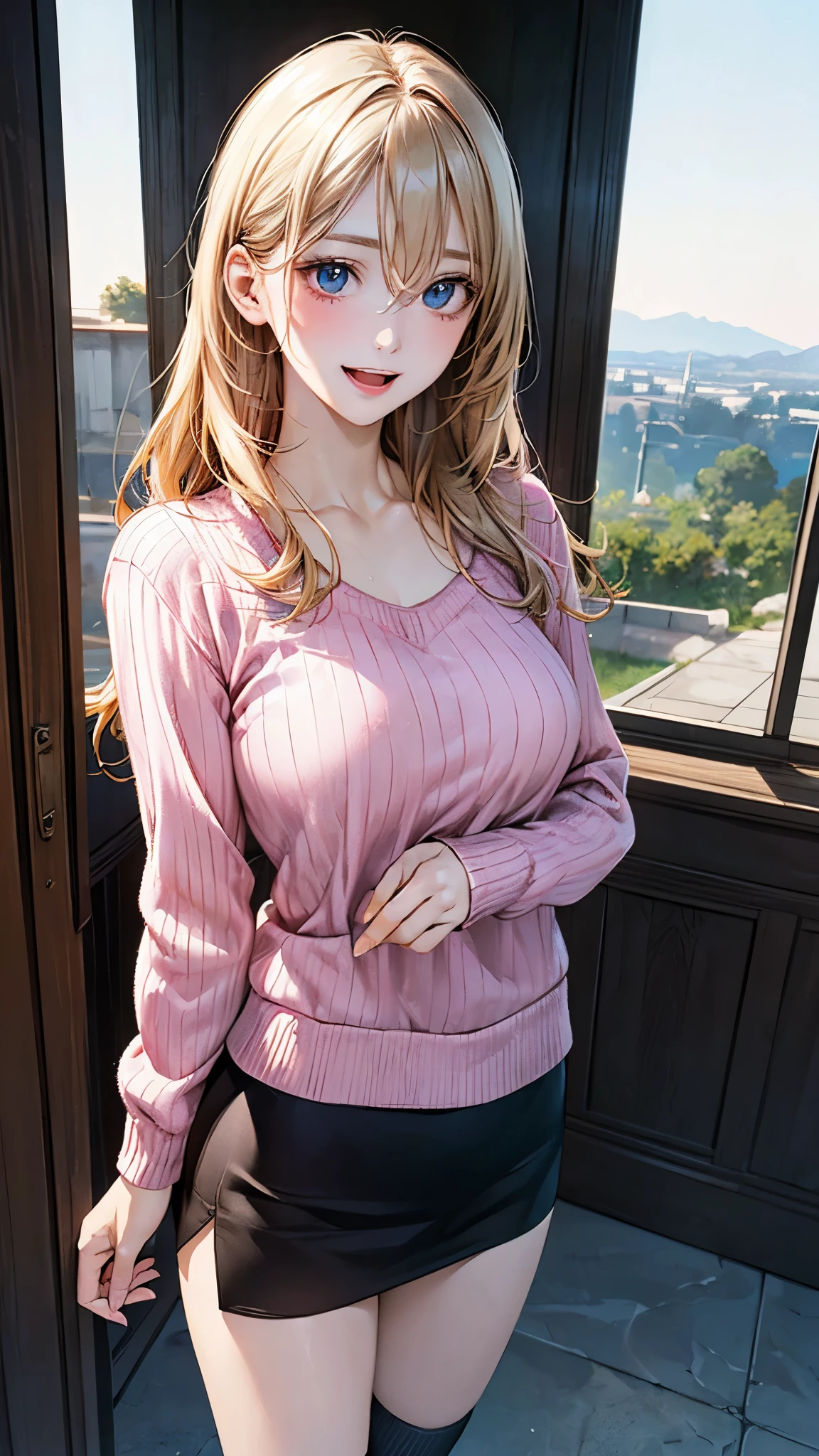 (masterpiece:1.2, top-quality), (realistic, photorealistic:1.4), beautiful illustration, (natural side lighting, movie lighting), nsfw,
looking at viewer, 1 girl, japanese, high school girl, perfect face, cute and symmetrical face, shiny skin,
(long hair:1.5, straight hair:1.2, blond hair), hair between eyes, big eyes, blue eyes, long eye lasher, (medium breasts), slender, black headband,
beautiful hair, beautiful face, beautiful detailed eyes, beautiful clavicle, beautiful body, beautiful chest, beautiful thigh, beautiful legs, beautiful fingers,
((overly long sleeves pink sweater, white slit skirt) black socks),
(beautiful scenery), evening, (girly room), standing, arms down, (lovely smile, open mouth),