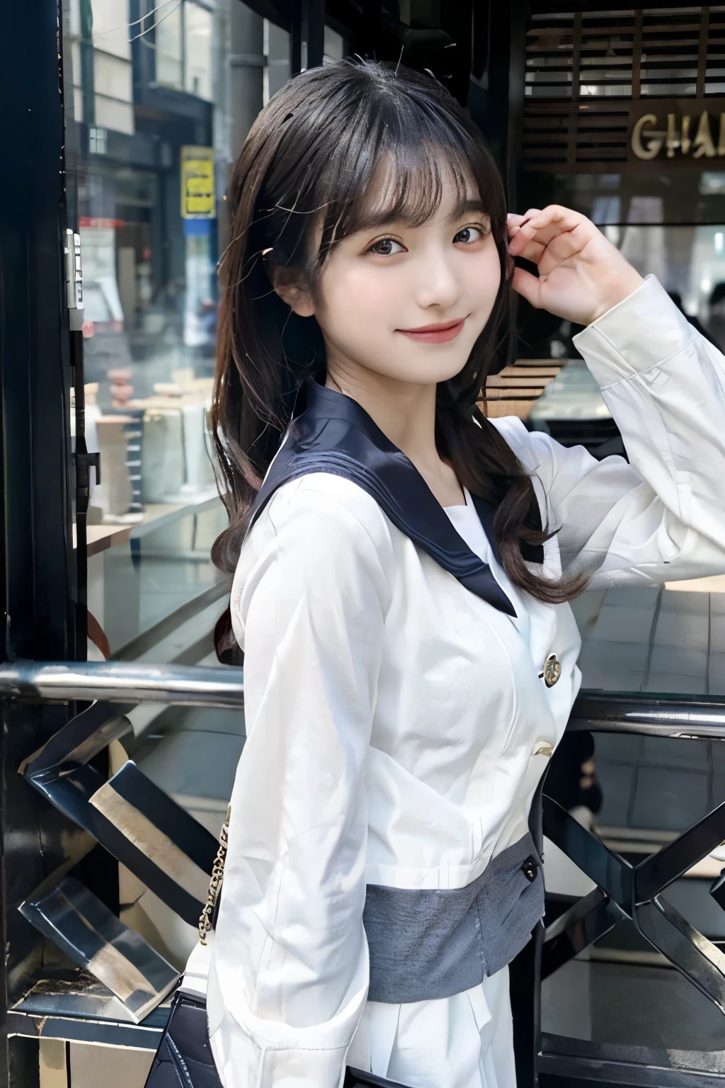 (masterpiece, best quality),
1girl, smile, open mouth, smile, waving one hand, from side, looking at viewer, holding leather bag,
BREAK girl, ,(:1.3), black hair, long hair, ponytail with aqua Scrunchie, aqua eyes, (tareme:1.3), (huge breasts:1.1), hanging breasts,
BREAK white serafuku, long sleeve, (white shirt:1.3),
BREAK navy sailor collar, aqua neckerchief,
BREAK navy miniskirt, (unbuttoned gray cardigan:1.3), sleeves past finger,
BREAK
winter, cold, steam, morning, (station:1.3),