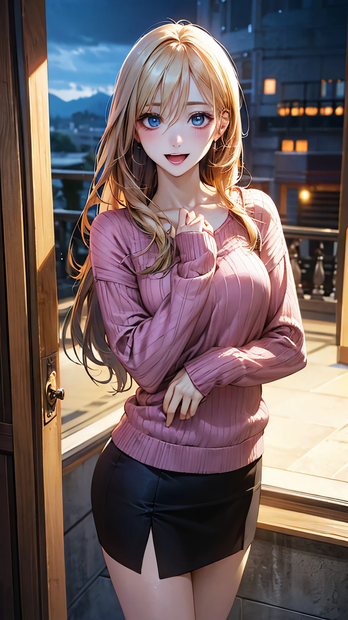 (masterpiece:1.2, top-quality), (realistic, photorealistic:1.4), beautiful illustration, (natural side lighting, movie lighting), nsfw,
looking at viewer, 1 girl, japanese, high school girl, perfect face, cute and symmetrical face, shiny skin,
(long hair:1.5, straight hair:1.2, blond hair), hair between eyes, big eyes, blue eyes, long eye lasher, (medium breasts), slender, black headband,
beautiful hair, beautiful face, beautiful detailed eyes, beautiful clavicle, beautiful body, beautiful chest, beautiful thigh, beautiful legs, beautiful fingers,
((overly long sleeves pink sweater, white slit skirt) black socks),
(beautiful scenery), evening, (girly room), standing, hands on chest, (lovely smile, open mouth),