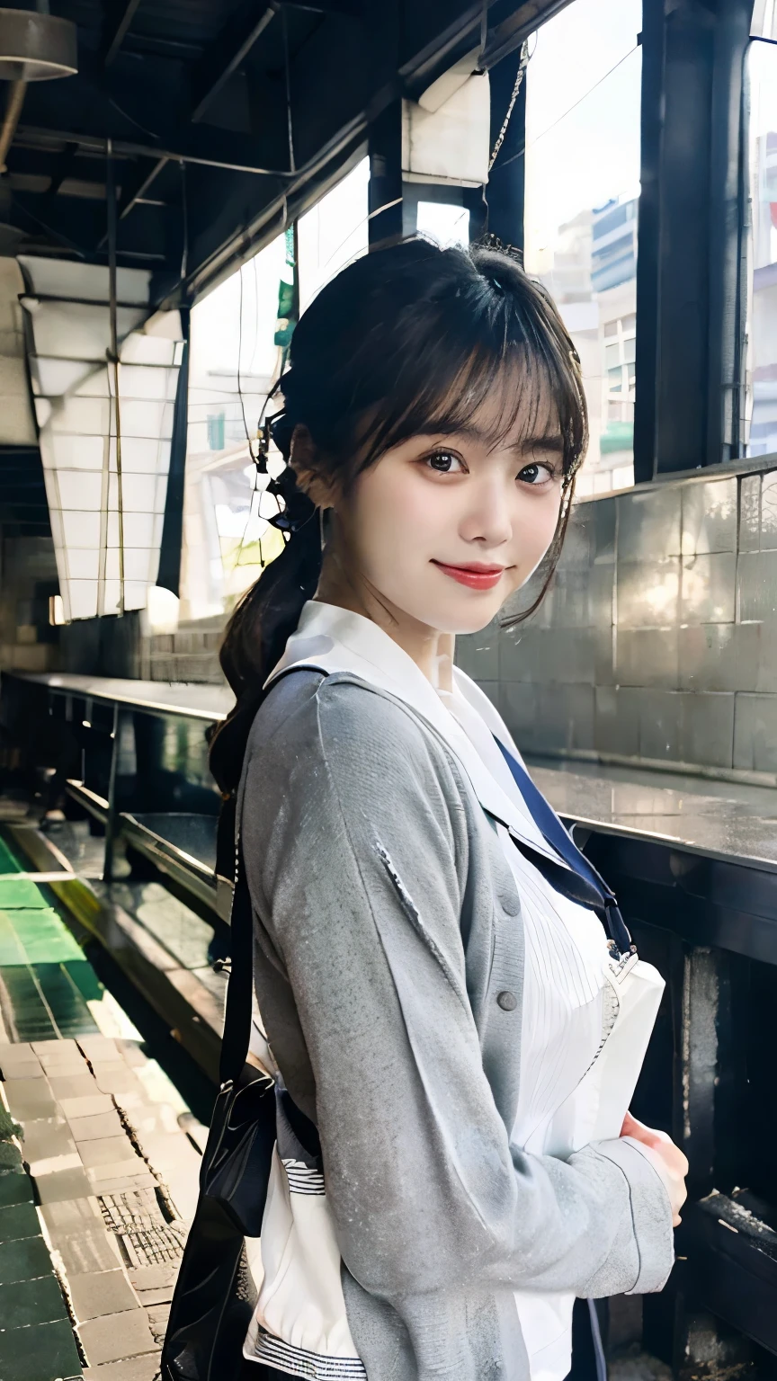 (masterpiece, best quality),
1girl, smile, open mouth, smile, waving one hand, from side, looking at viewer, holding leather bag,
BREAK girl, ,(:1.3), black hair, long hair, ponytail with aqua Scrunchie, aqua eyes, (tareme:1.3), (huge breasts:1.1), hanging breasts,
BREAK white serafuku, long sleeve, (white shirt:1.3),
BREAK navy sailor collar, aqua neckerchief,
BREAK navy miniskirt, (unbuttoned gray cardigan:1.3), sleeves past finger,


BREAK 
winter, cold, steam, morning, (station:1.3),