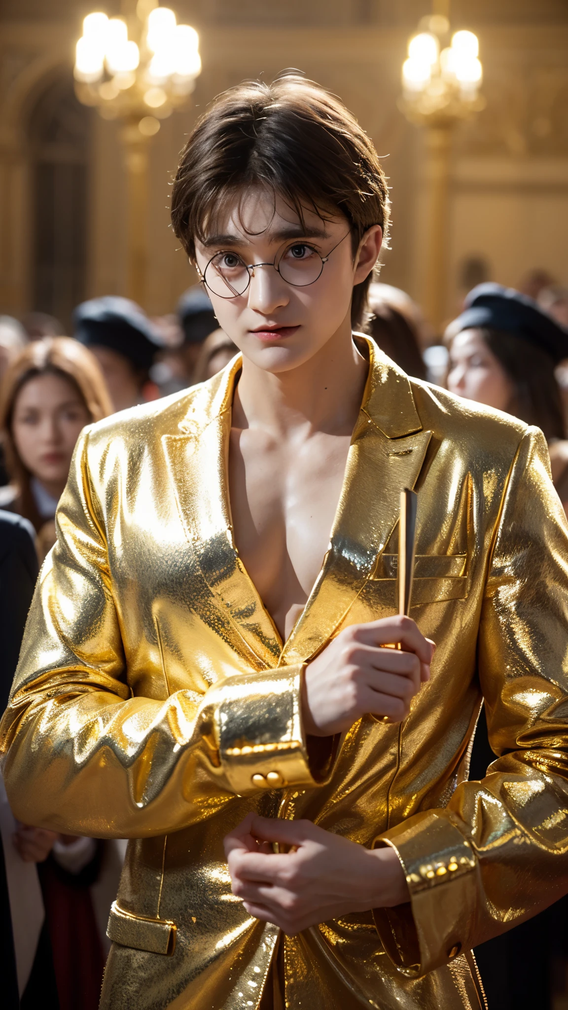 Blue-skinned Harry Potter, muscular body, naked upper body, golden ornaments, flashy costumes, Hogwarts in background, golden king, Harry Potter the emperor of gold, depicted in center, crowd in background, golden effects, golden magic, high quality,