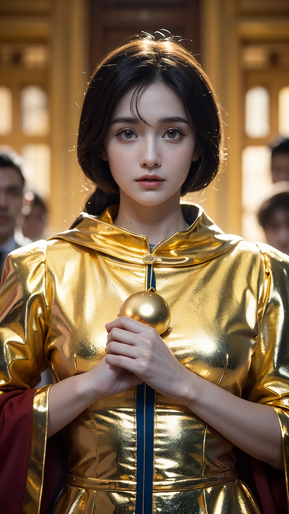 Blue-skinned Harry Potter, muscular body, naked upper body, golden ornaments, flashy costumes, Hogwarts in background, golden king, Harry Potter the emperor of gold, depicted in center, crowd in background, golden effects, golden magic, high quality,