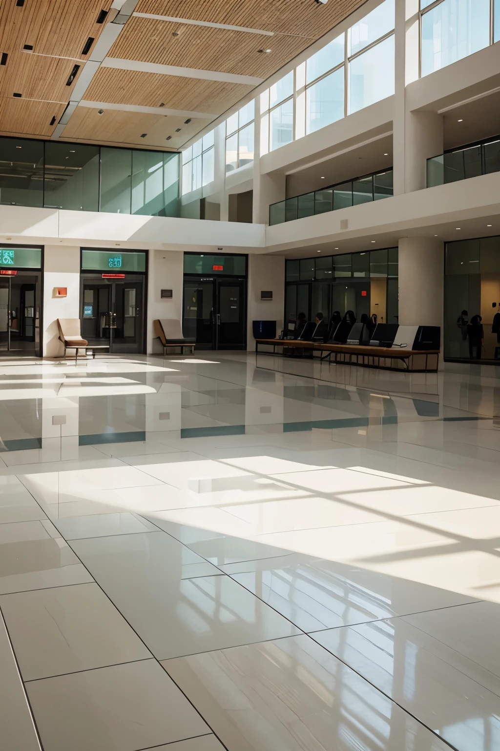 an interior lobby perspective of an Airport, post modern style ,add indoor plants, add walking people and curve benches, white dominant color , high ceiling, with accent architectural lights, floor to ceiling glass windows photorealistic rendering, high detail, Hyperrealism