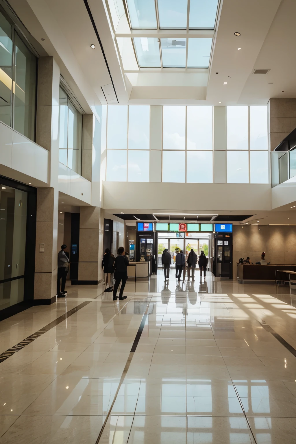 an interior lobby perspective of an Airport, post modern style ,add indoor plants, add walking people and curve benches, white dominant color , high ceiling, with accent architectural lights, floor to ceiling glass windows photorealistic rendering, high detail, Hyperrealism