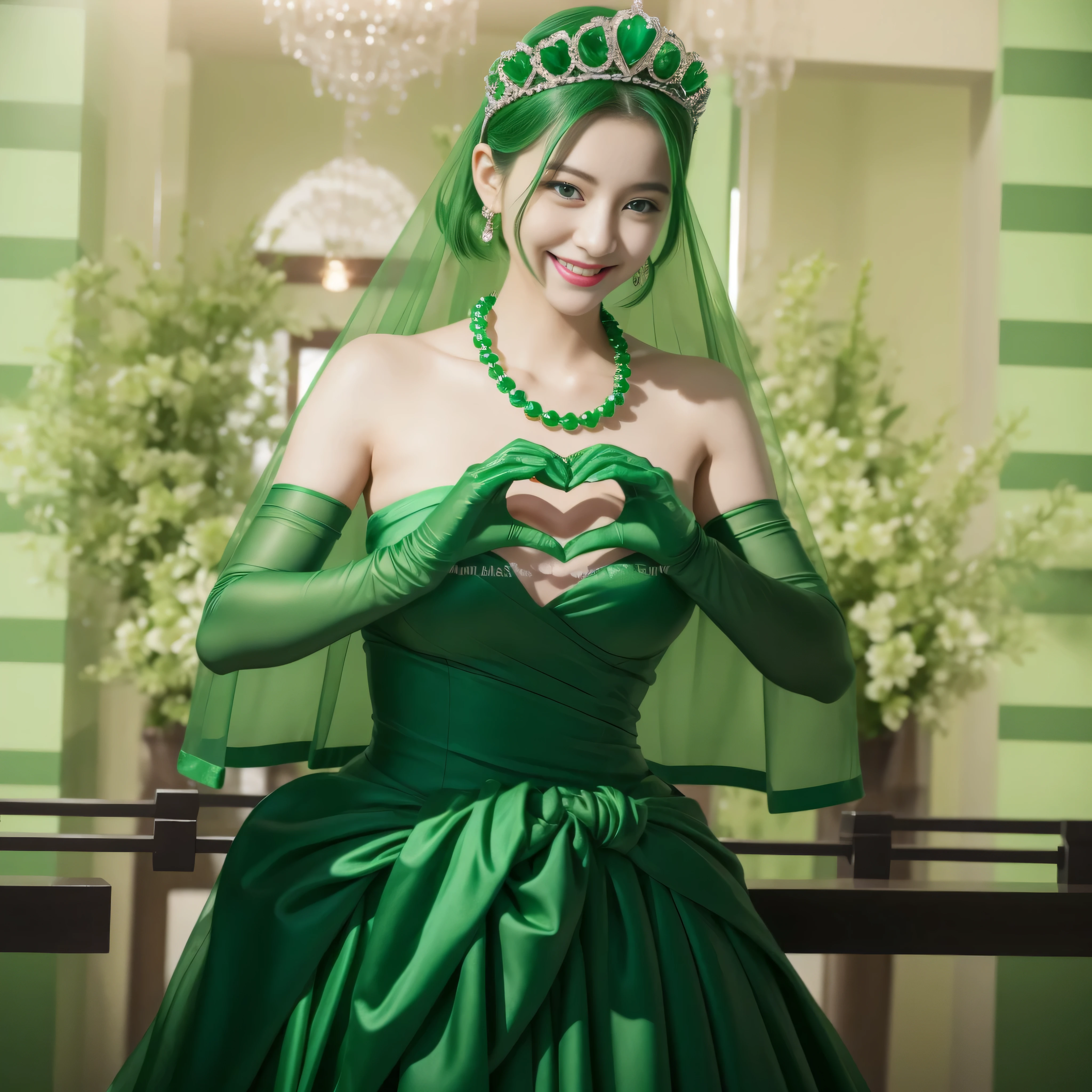 emerald tiara, Green Pearl Necklace, ボーイッシュな非常に短いgreen hair, green lips, smiling Japanese woman, very short hair, beautiful woman with big breasts, green eyes, green satin long gloves, green eyes, emerald earrings, Green veil, Heart with both hands, green hair, beautiful japanese woman, heart shaped hands:1.3, green lip gloss
